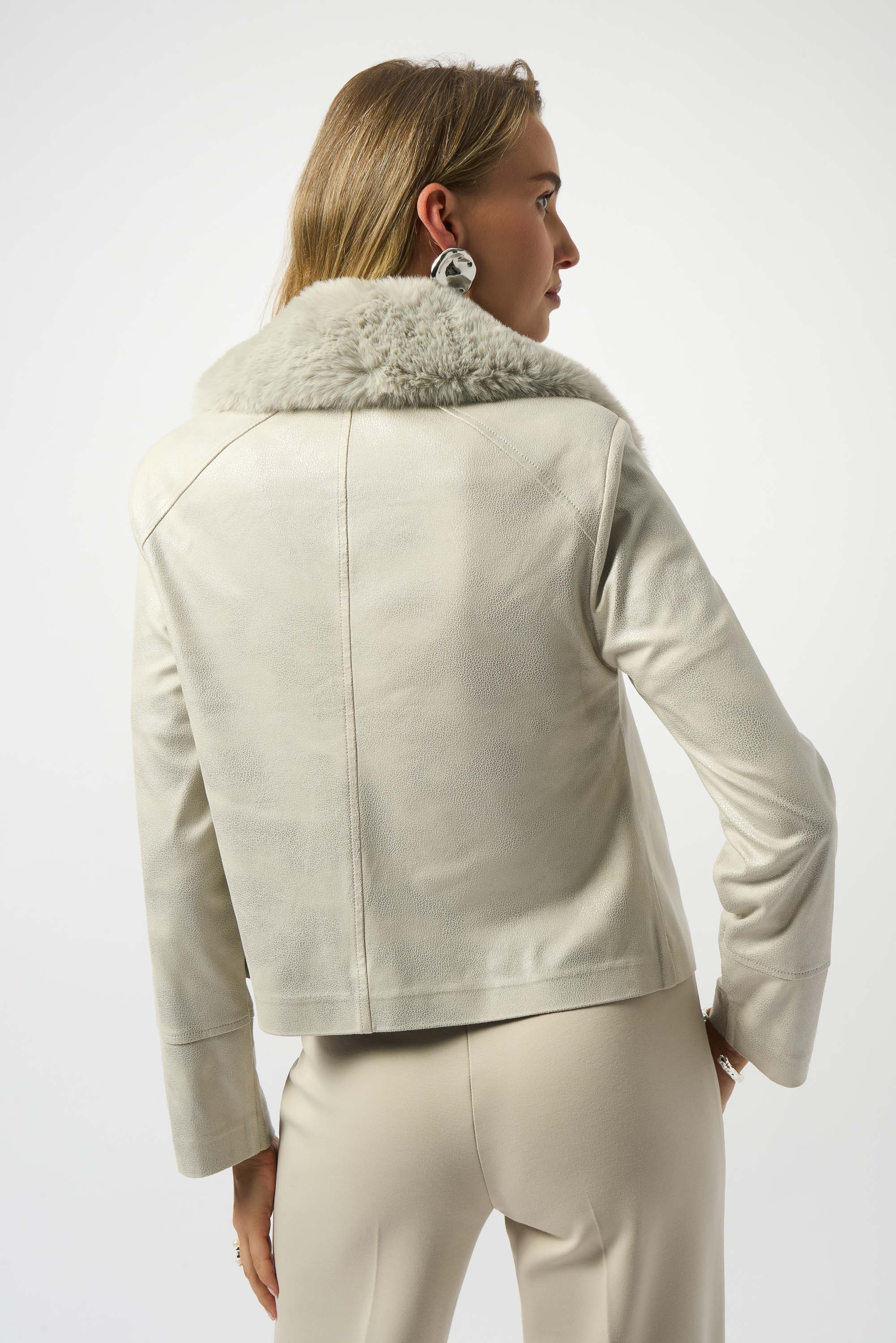 Joseph Ribkoff Foiled Suede Swing Jacket with Faux Fur Collar Style 253925 - Image 4