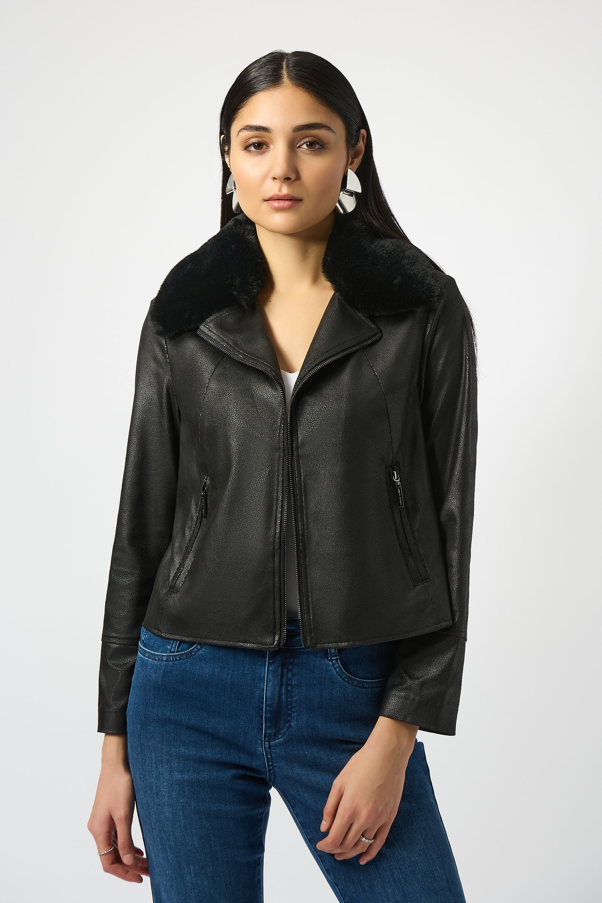 Joseph Ribkoff Foiled Suede Swing Jacket with Faux Fur Collar Style 253925 - Image 5