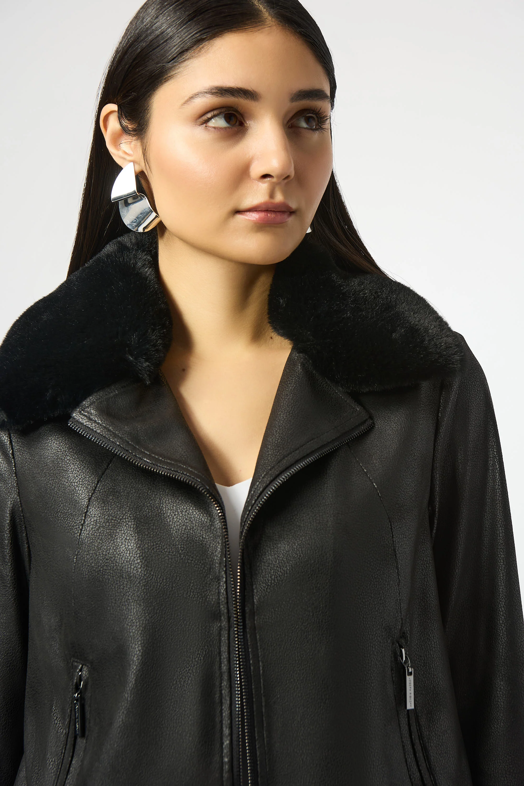 Joseph Ribkoff Foiled Suede Swing Jacket with Faux Fur Collar Style 253925 - Image 7