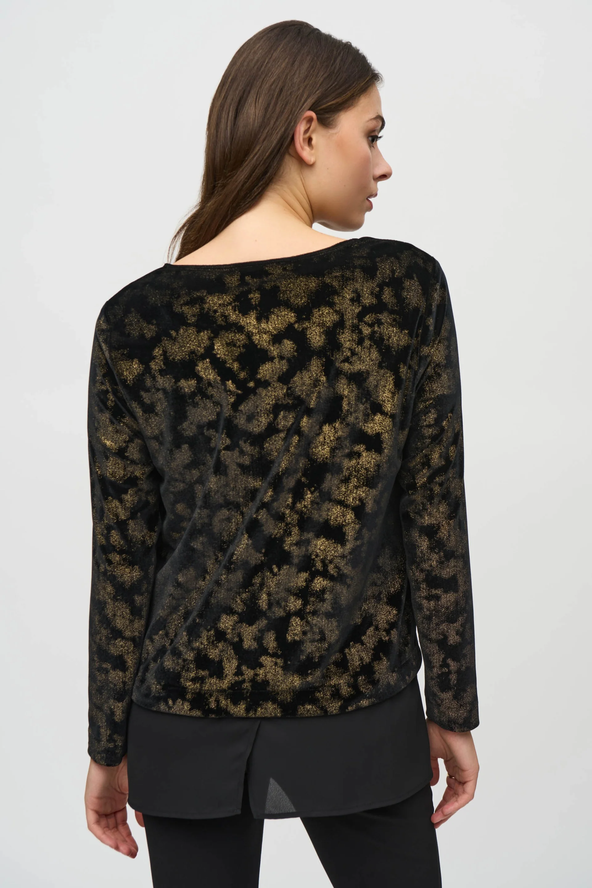 Joseph Ribkoff Black/Gold Foiled Velvet and Georgette Flared Top Style 244228 - Image 2