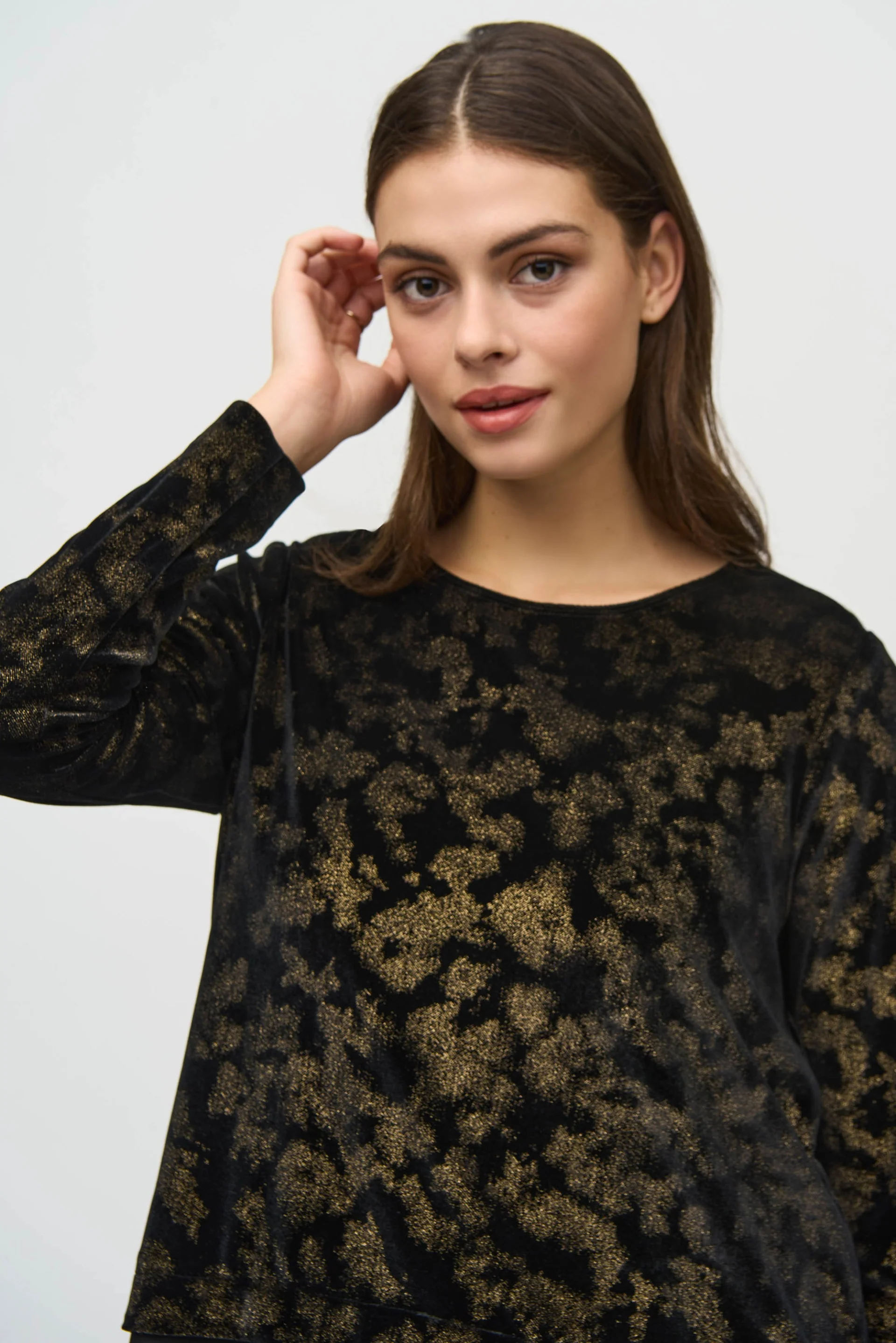 Joseph Ribkoff Black/Gold Foiled Velvet and Georgette Flared Top Style 244228 - Image 3