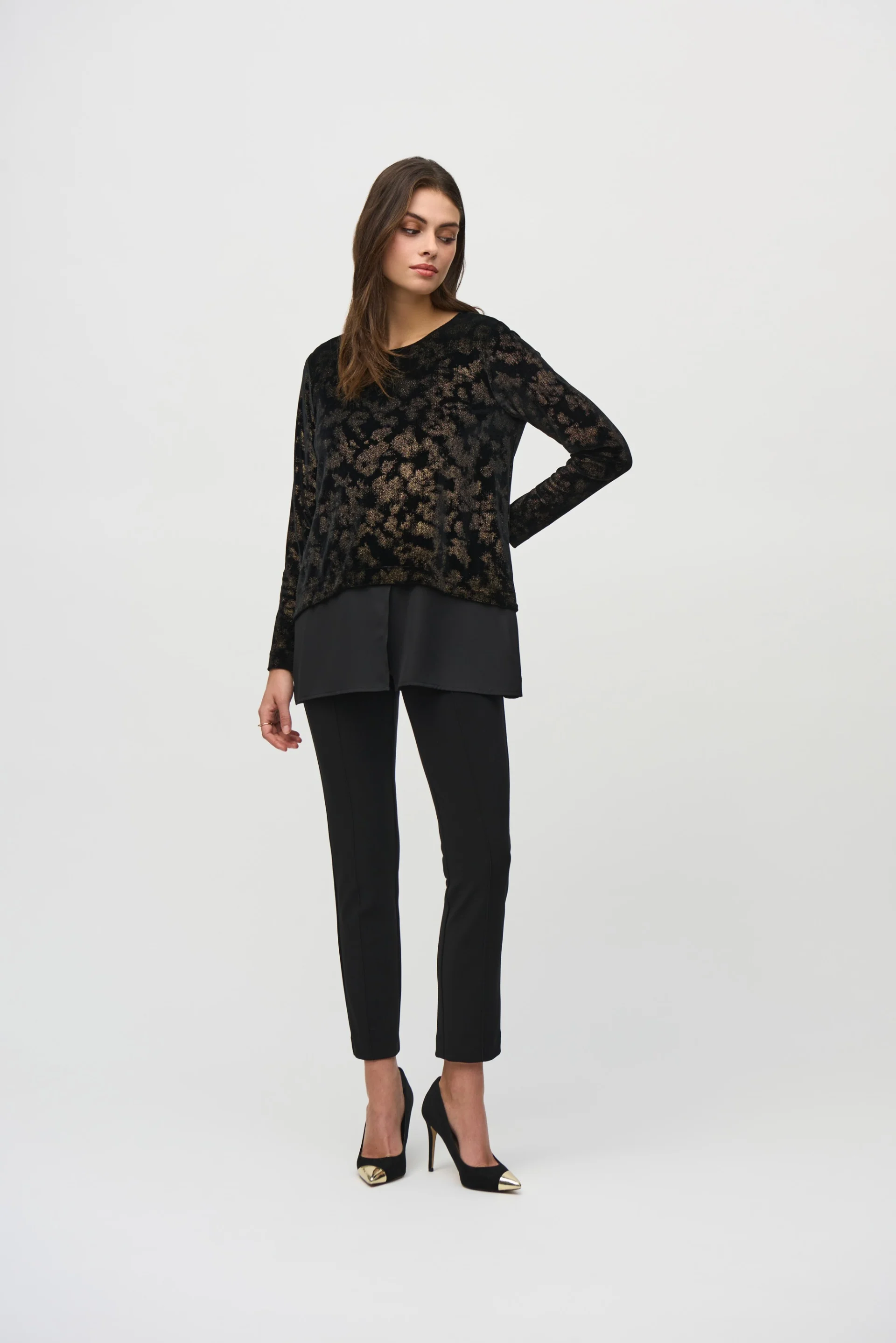 Joseph Ribkoff Black/Gold Foiled Velvet and Georgette Flared Top Style 244228 - Image 4
