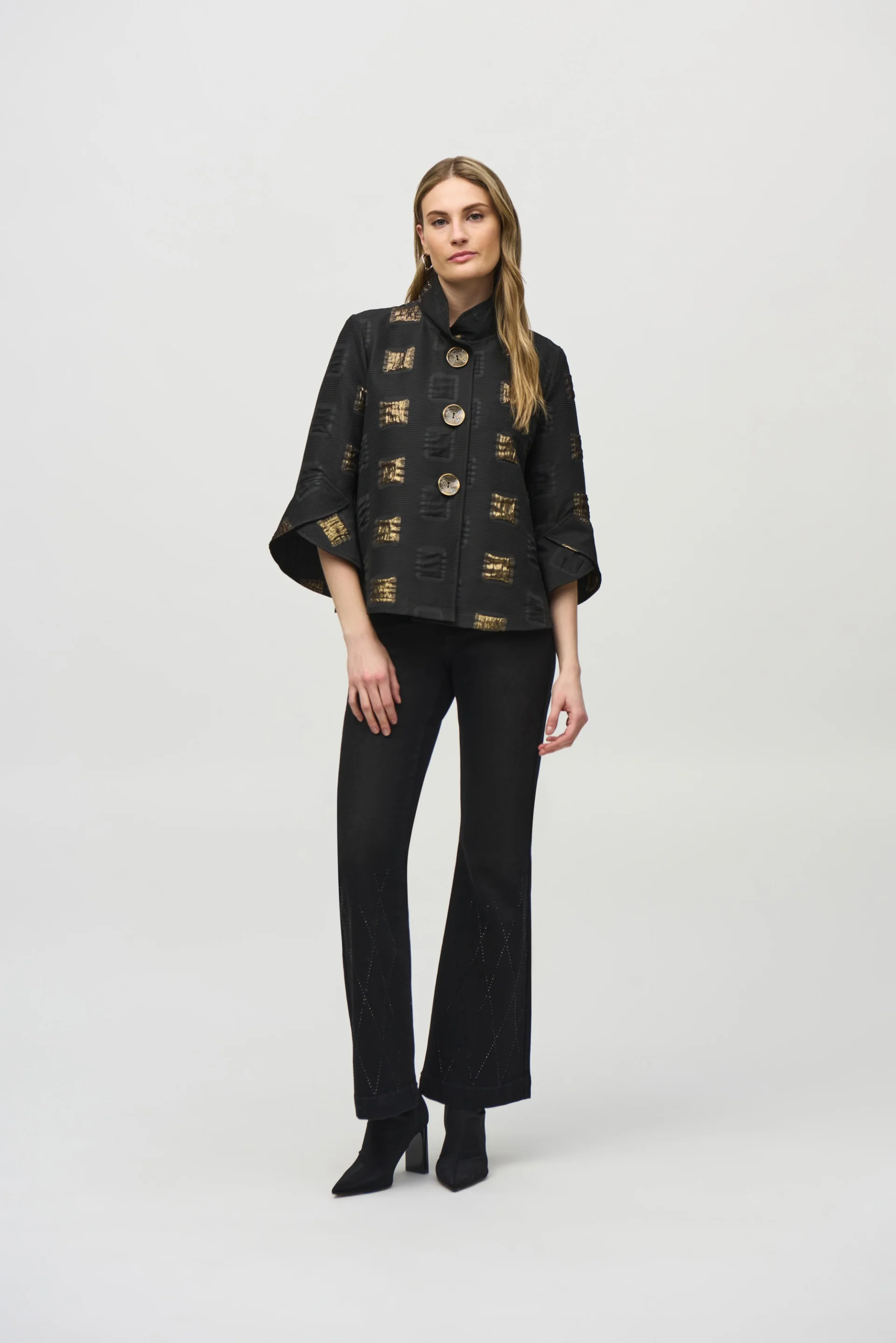 Joseph Ribkoff Black/Gold Trapeze Jacket Style 244205 - Image 4