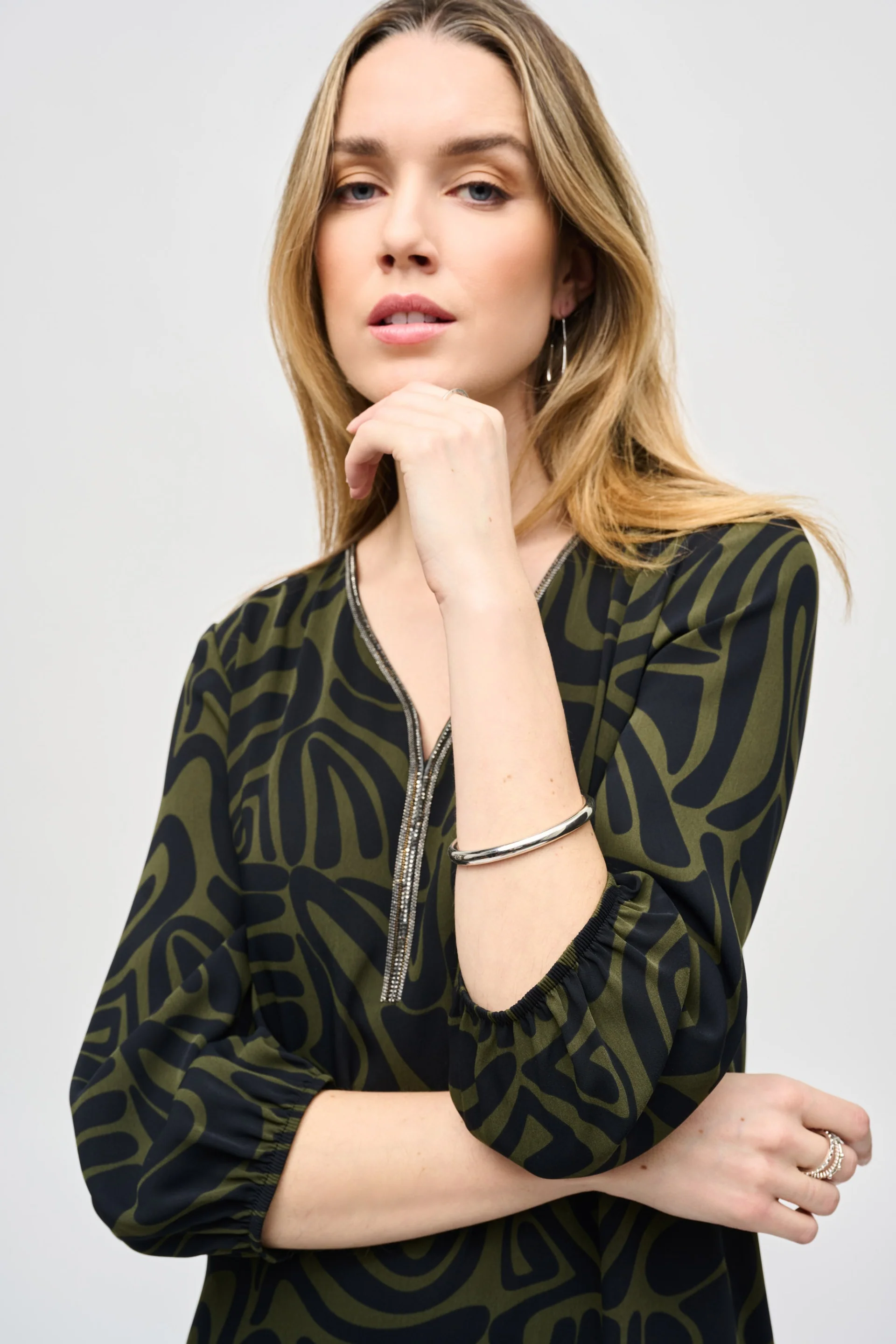Joseph Ribkoff Black/Green Abstract Print A-Line Dress Style 243154 - Image 3