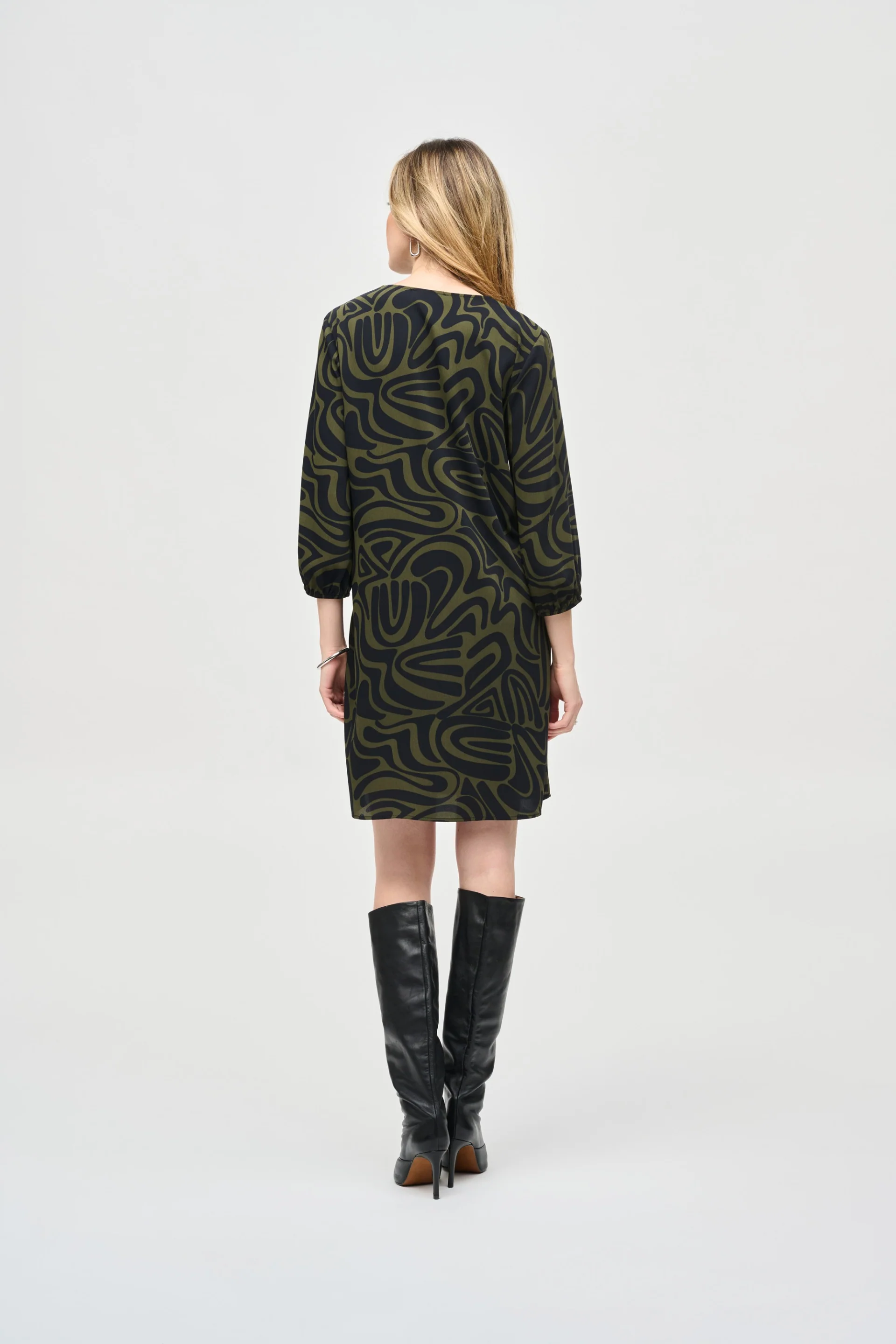 Joseph Ribkoff Black/Green Abstract Print A-Line Dress Style 243154 - Image 4
