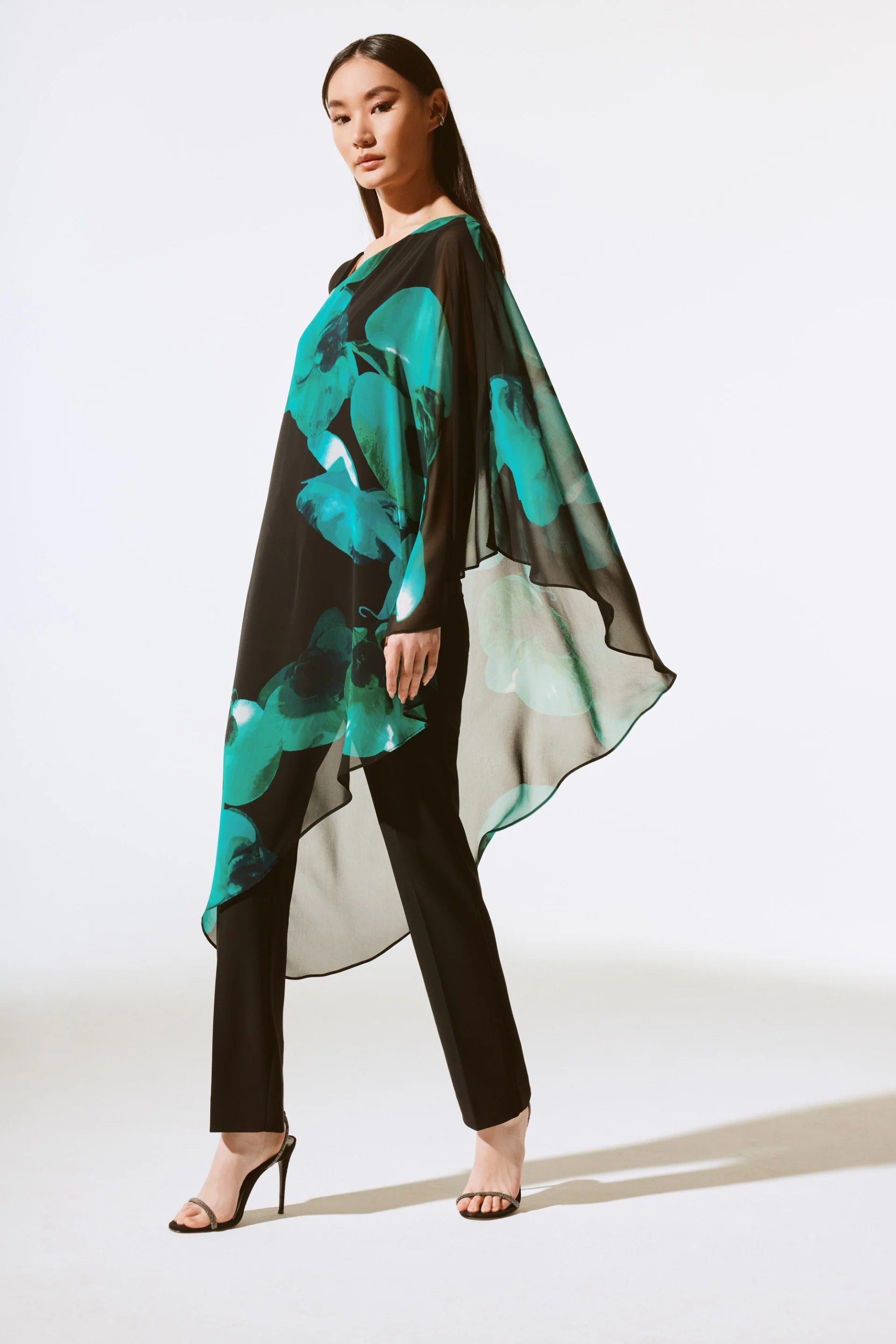 Joseph Ribkoff Black/Green Chiffon Floral Print Layered Top Style 243791 - Image 2