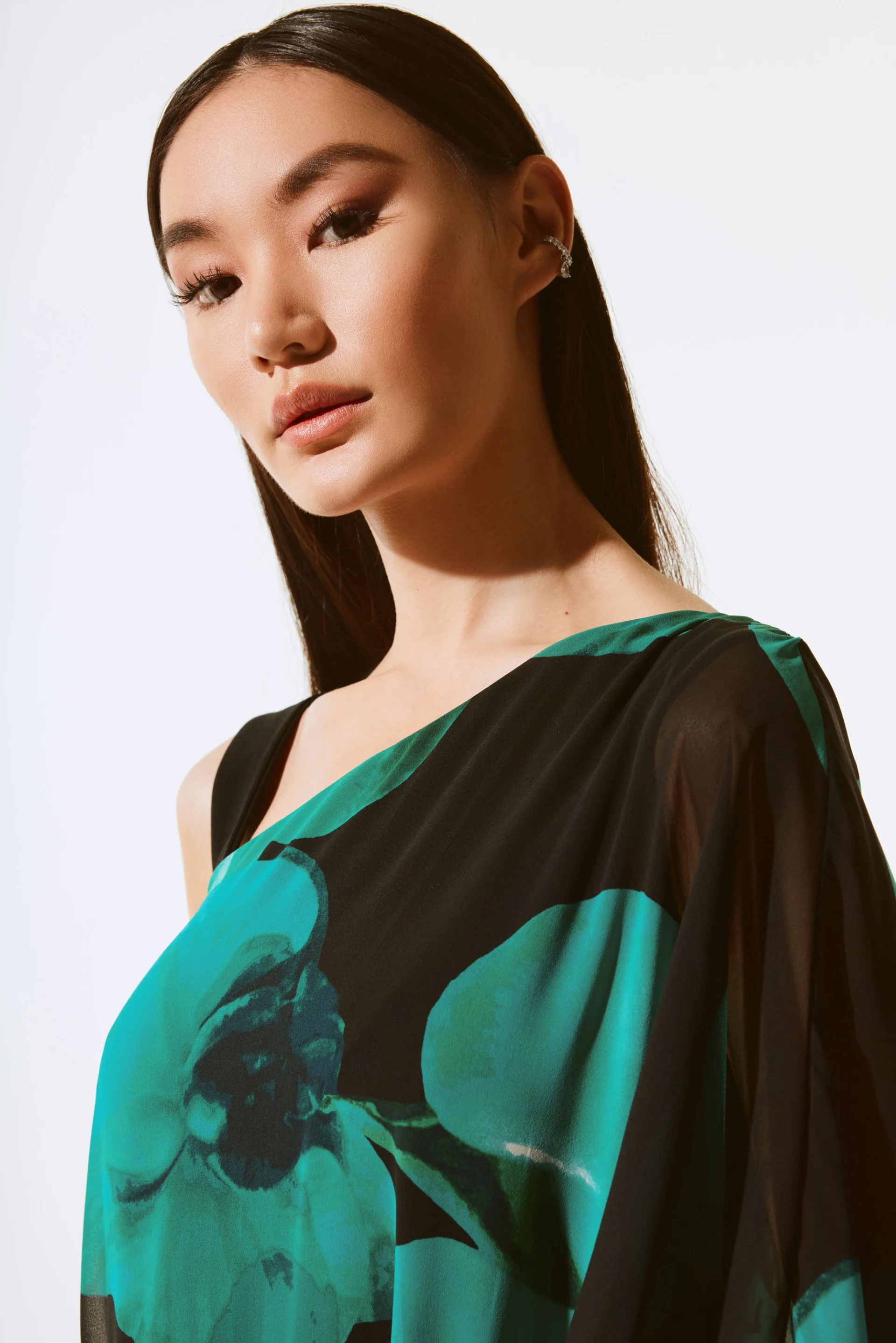 Joseph Ribkoff Black/Green Chiffon Floral Print Layered Top Style 243791 - Image 3