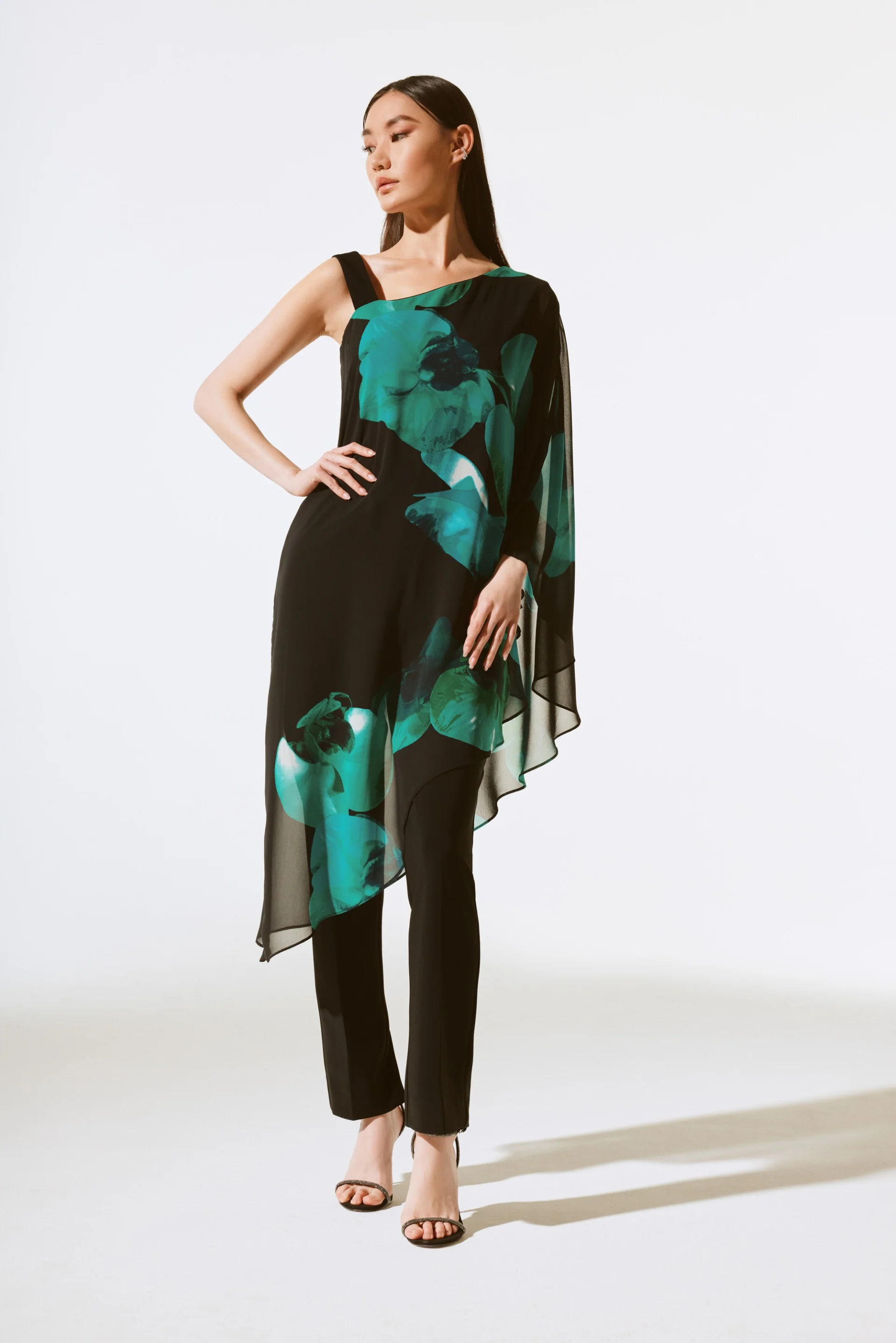 Joseph Ribkoff Black/Green Chiffon Floral Print Layered Top Style 243791 - Image 4