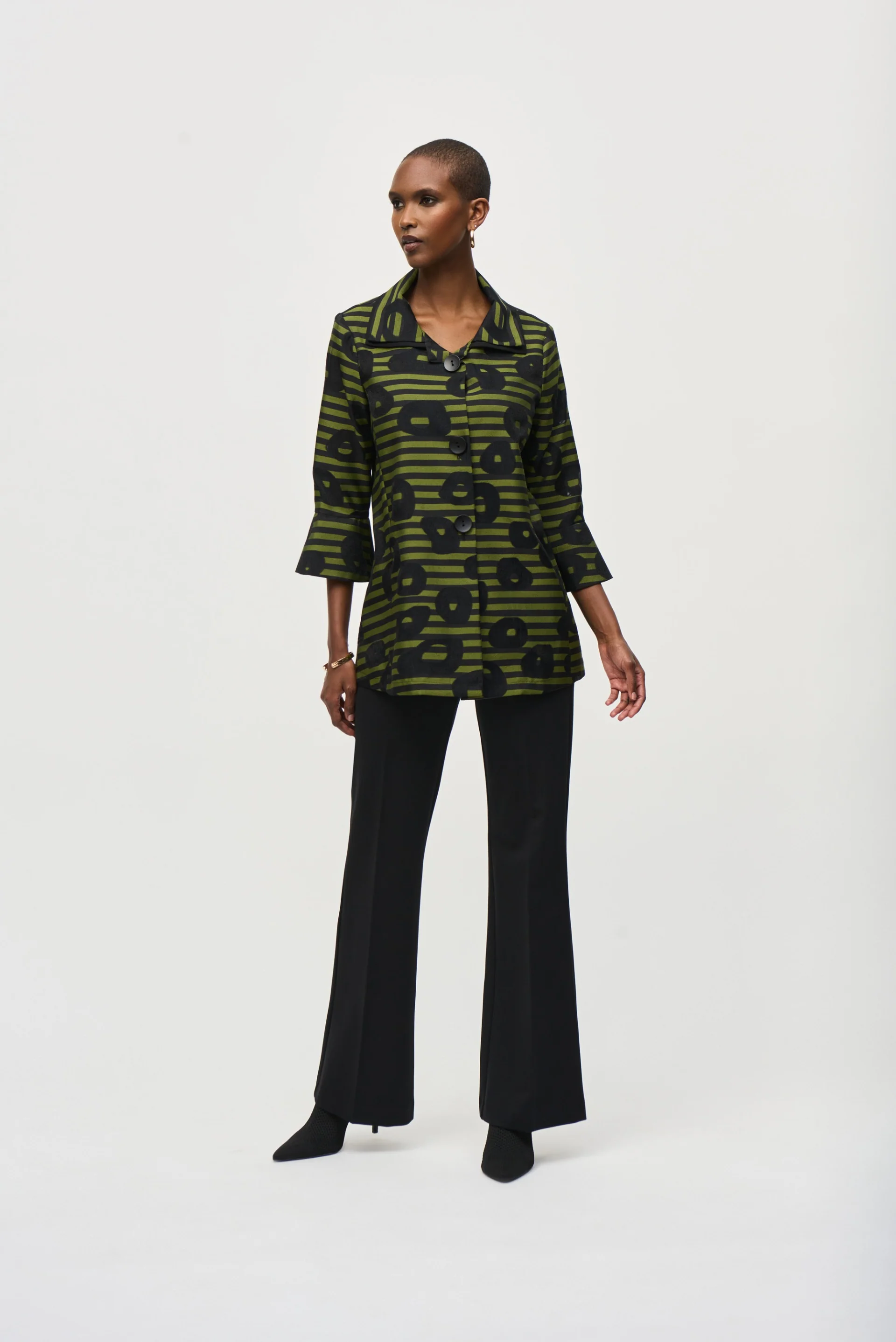Joseph Ribkoff Black/Green Stripe Print Trapeze Jacket Style 243093 - Image 4