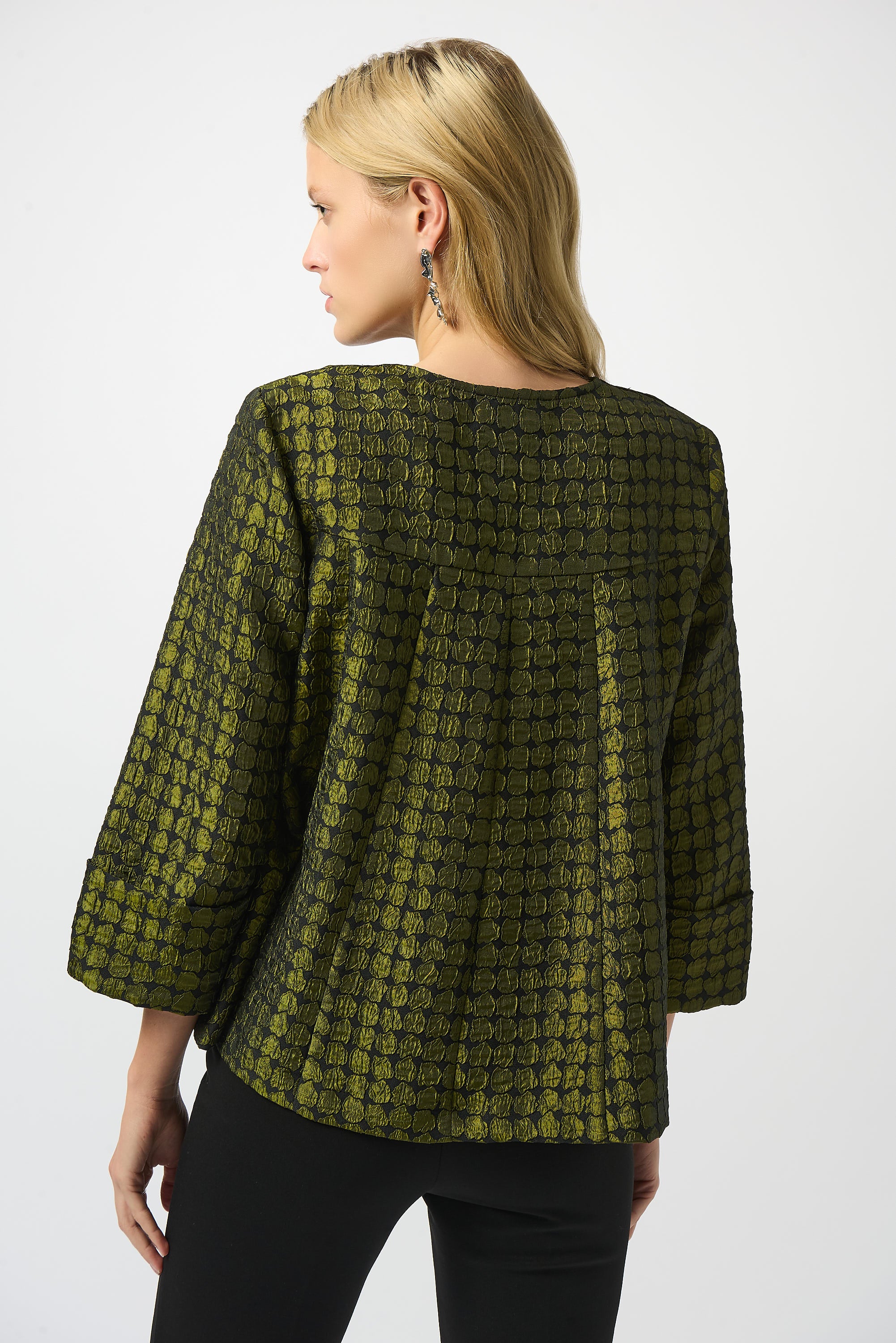 Joseph Ribkoff Black/Green Textured Dot Jacquard Swing Jacket Style 253125 - Image 4