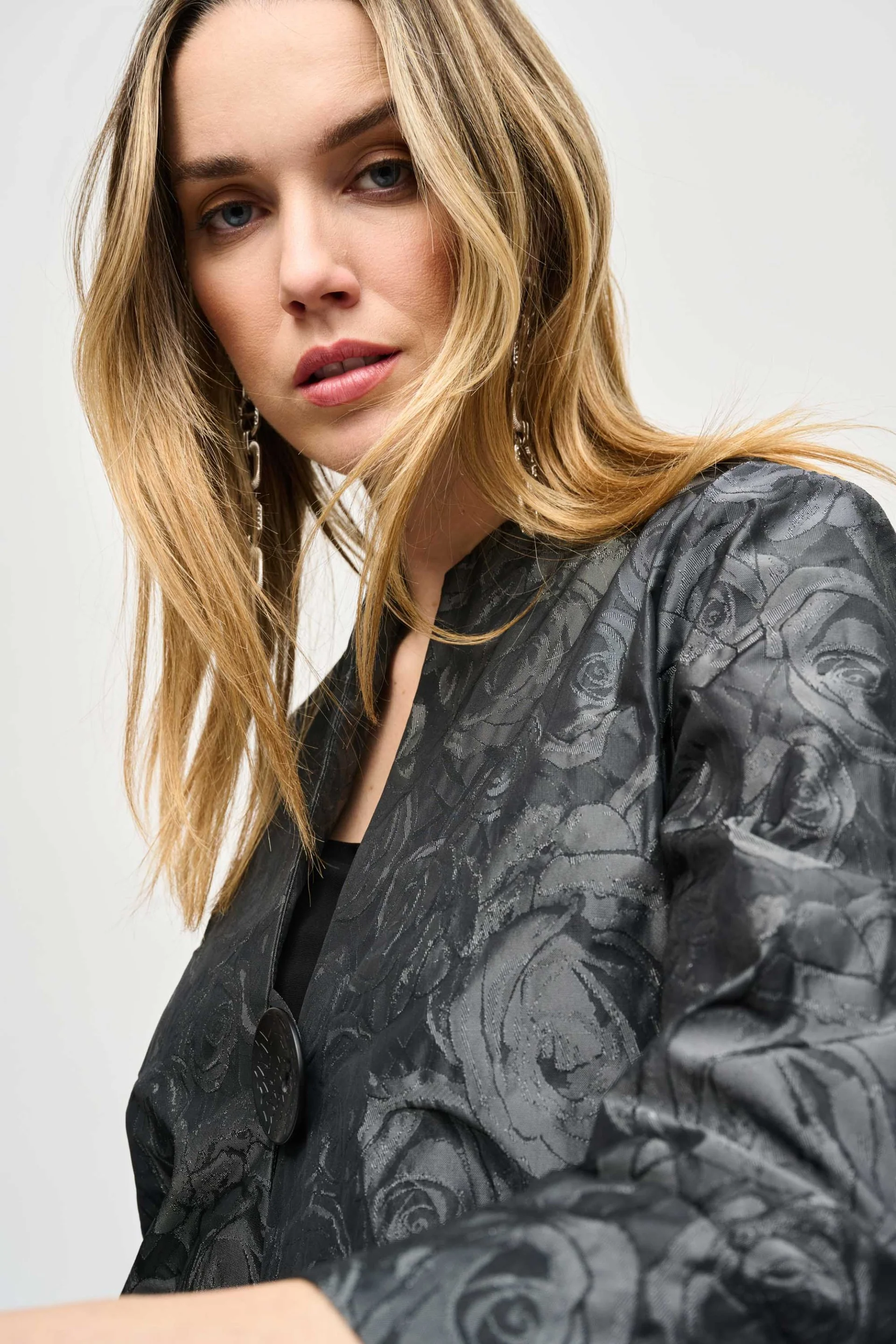 Joseph Ribkoff Black/Grey Floral Print Swing Jacket Style 243327 - Image 3