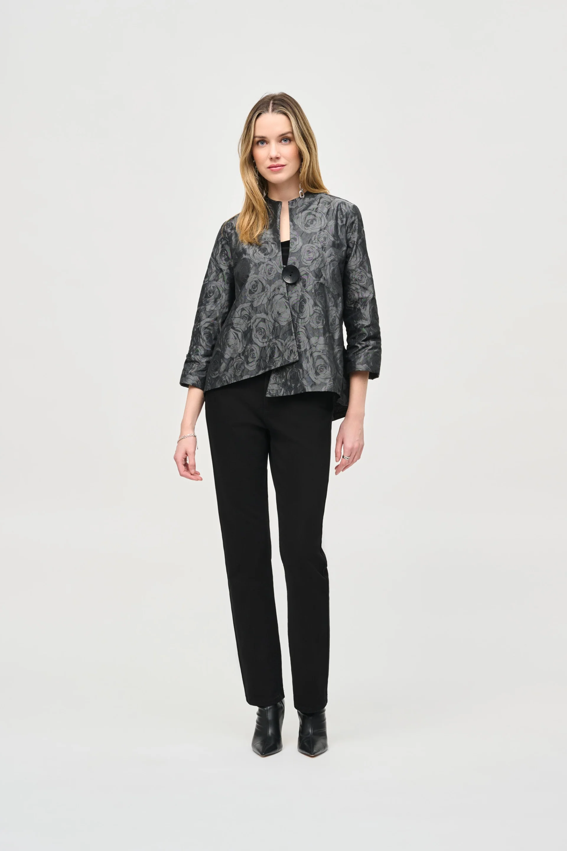 Joseph Ribkoff Black/Grey Floral Print Swing Jacket Style 243327 - Image 4