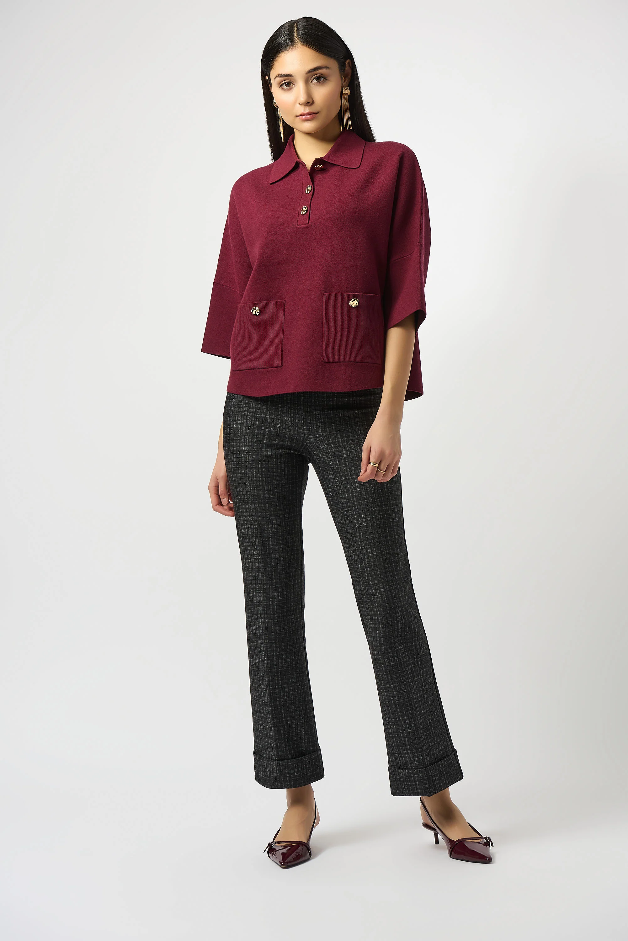 Joseph Ribkoff Black/Grey Heavy Knit Pull-On Flare Pants Style 253109 - Image 2