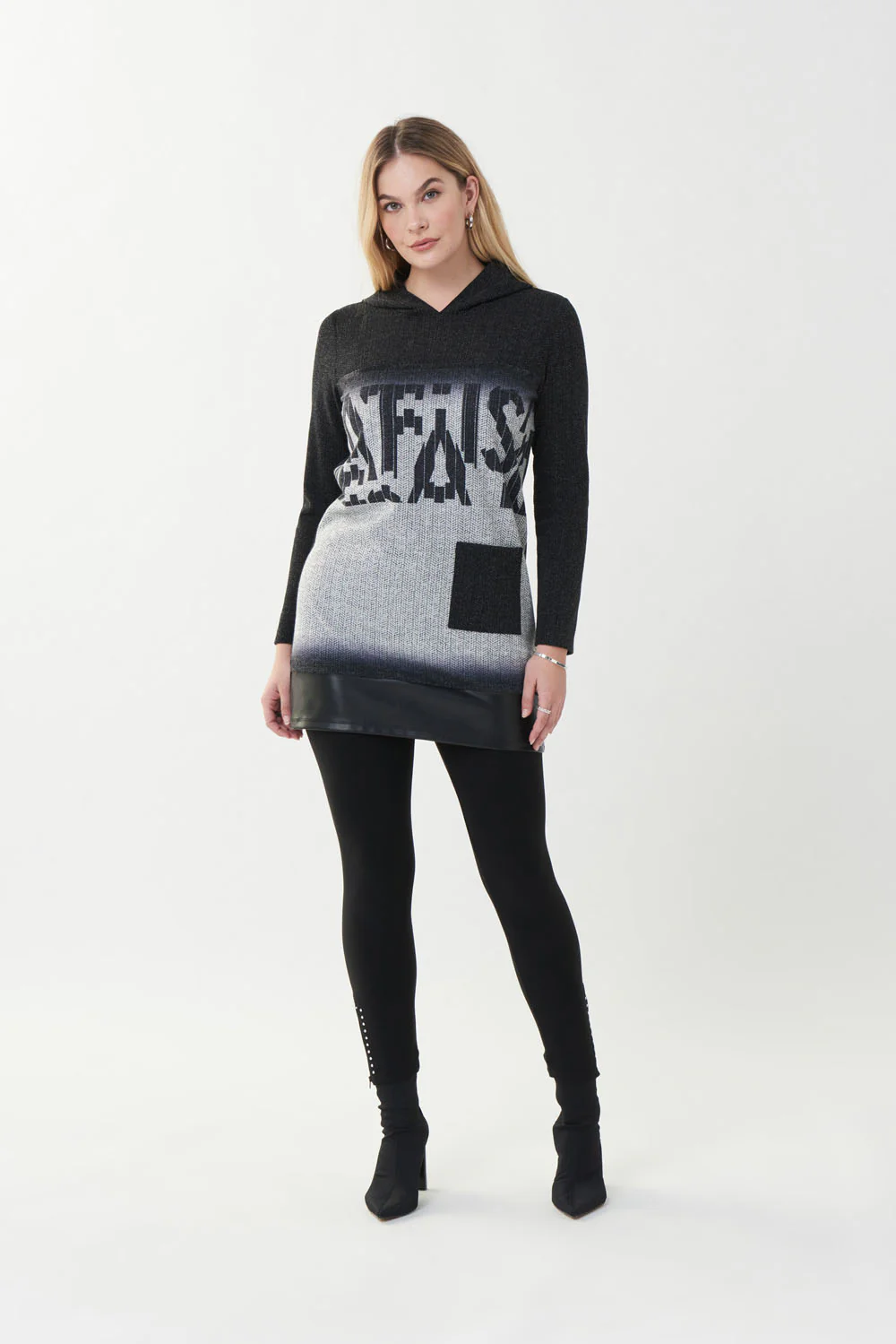 Joseph Ribkoff Black/Grey Hooded Tunic Style 223050
