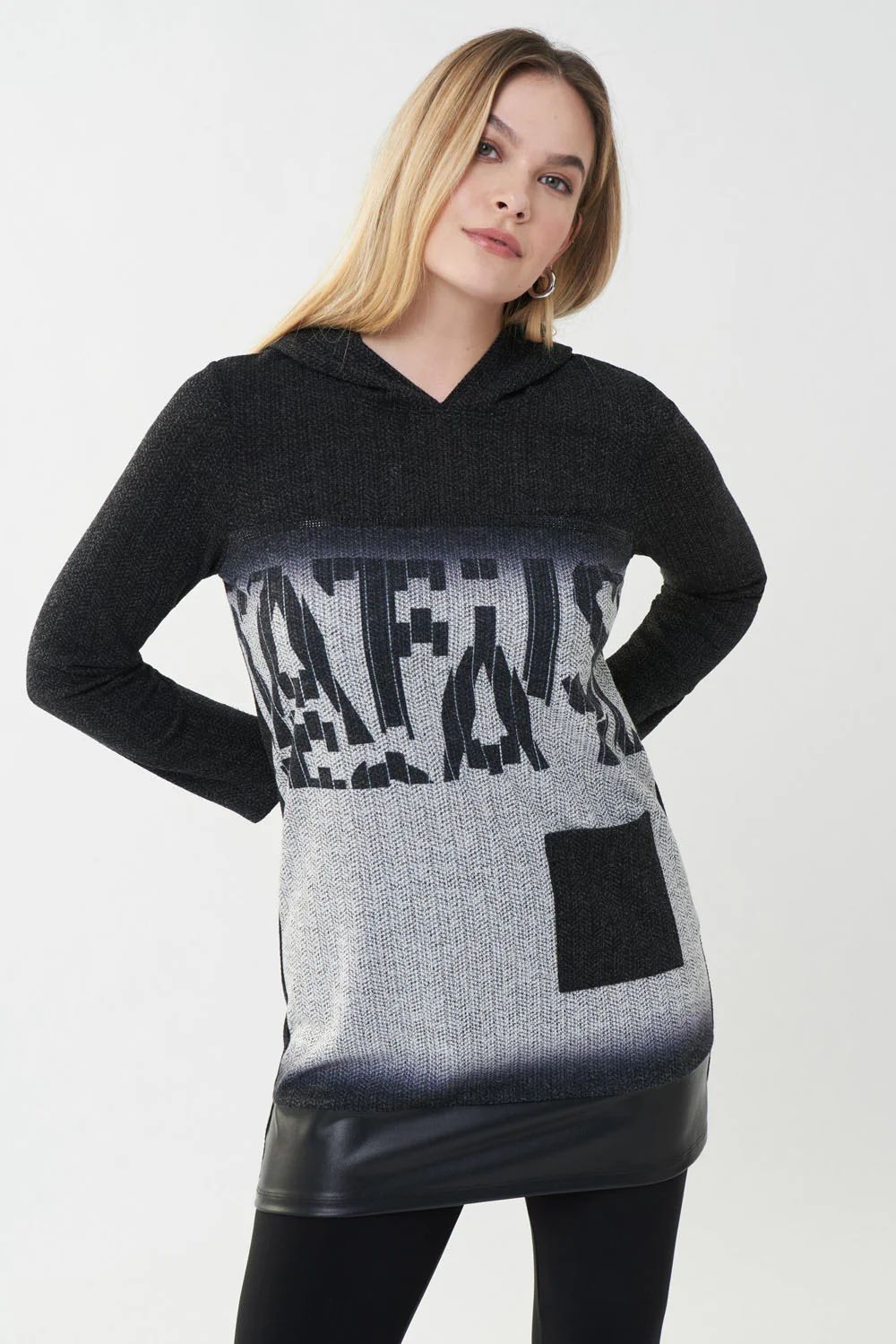 Joseph Ribkoff Black/Grey Hooded Tunic Style 223050 - Image 2