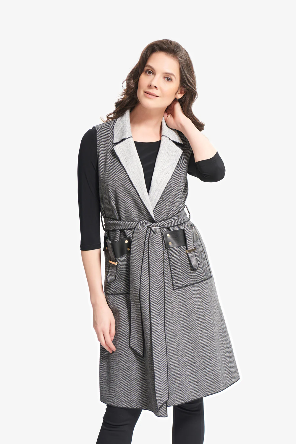 Joseph Ribkoff Black/Grey Knit Sleeveless Jacket Style 214195 - Image 2