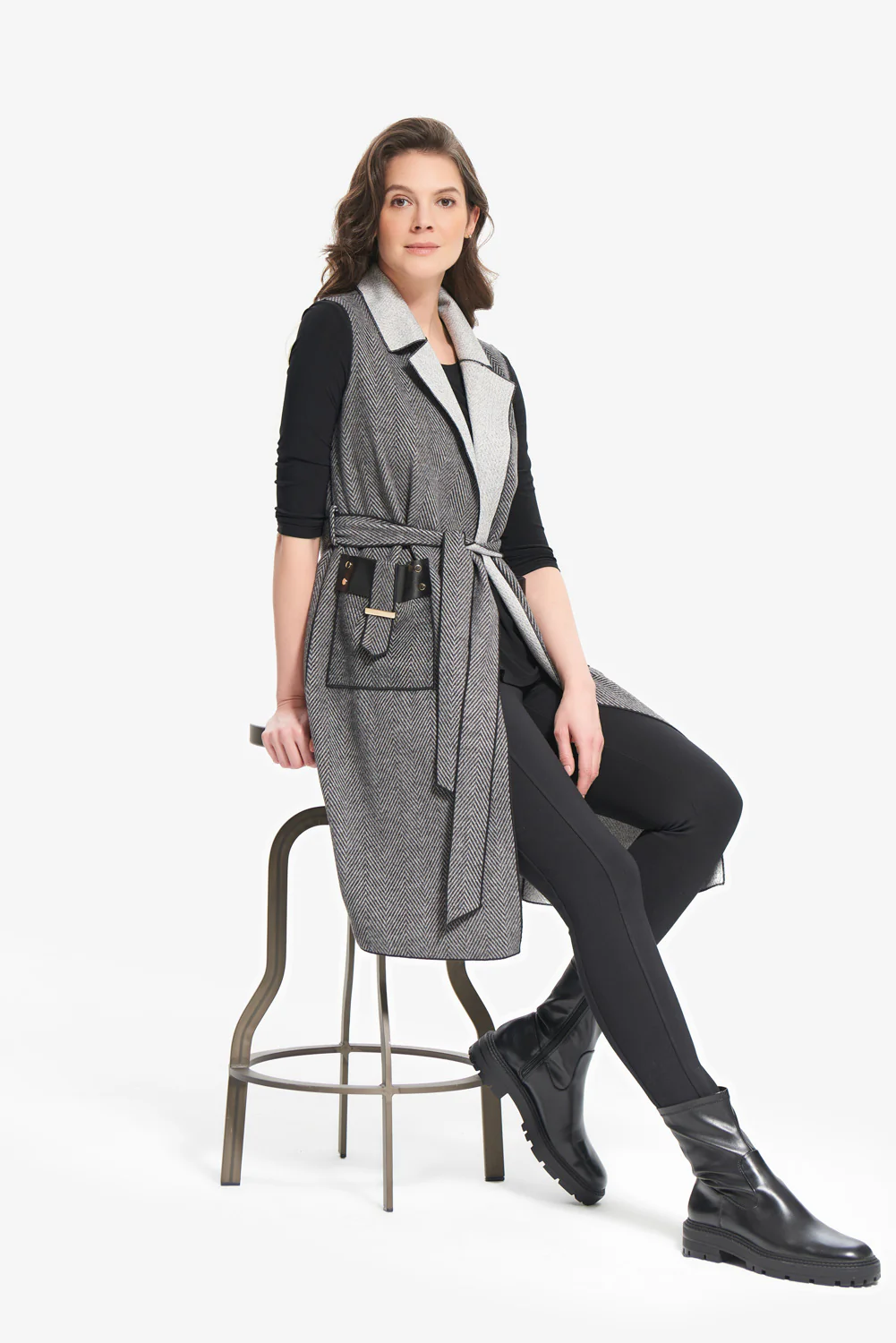 Joseph Ribkoff Black/Grey Knit Sleeveless Jacket Style 214195 - Image 3