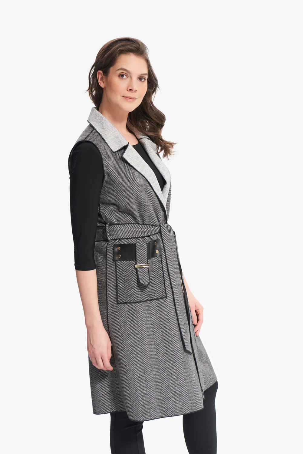 Joseph Ribkoff Black/Grey Knit Sleeveless Jacket Style 214195 - Image 4