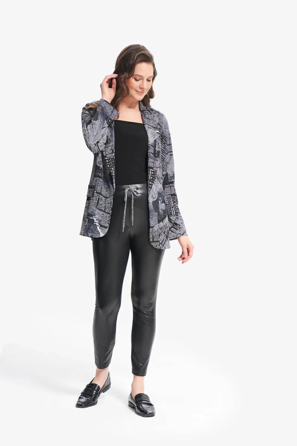 Joseph Ribkoff Black/Grey Newspaper Print Blazer Style 214187 - Image 2