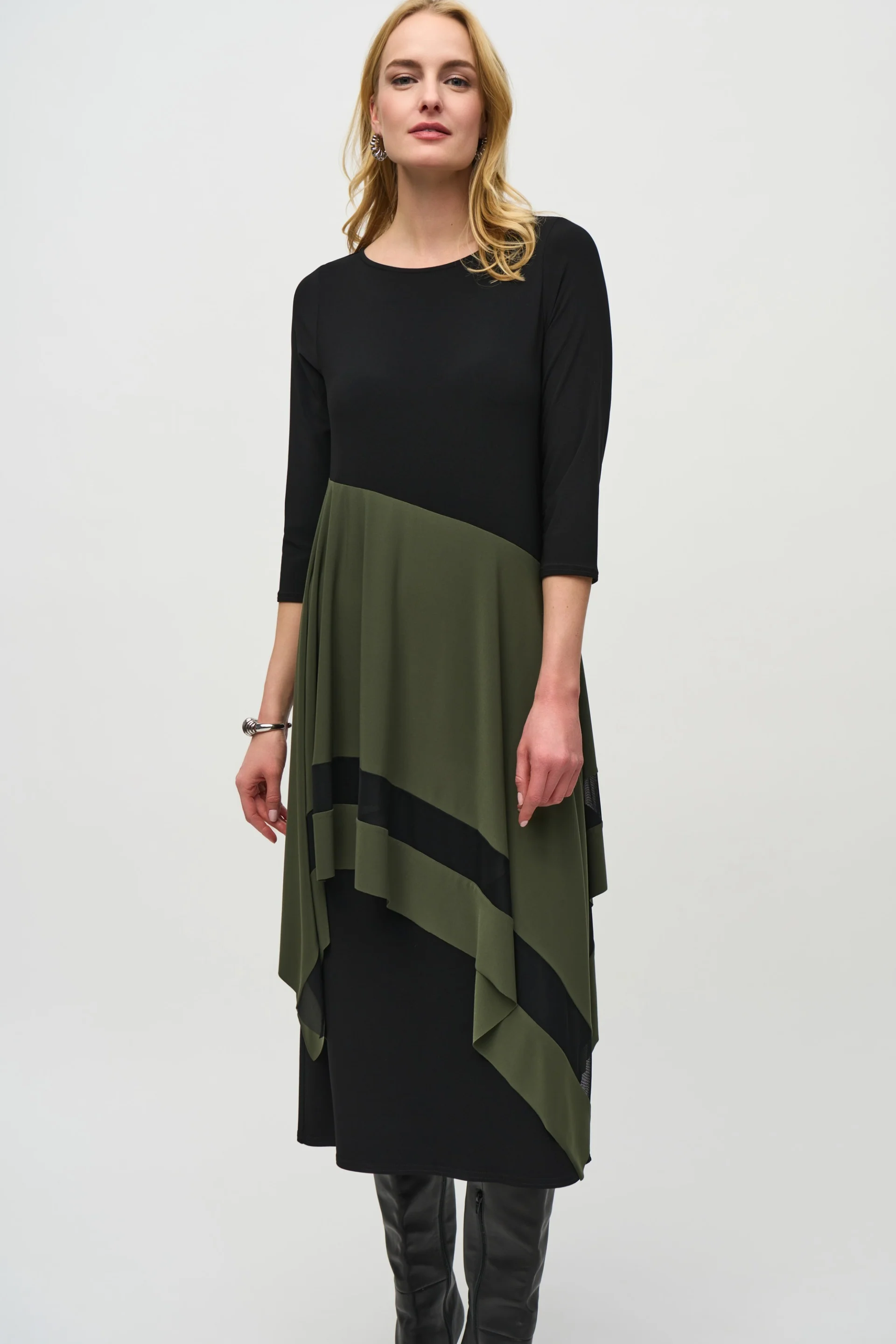 Joseph Ribkoff Black/Iguana Colour Block Handkerchief Dress Style 244186 - Image 2