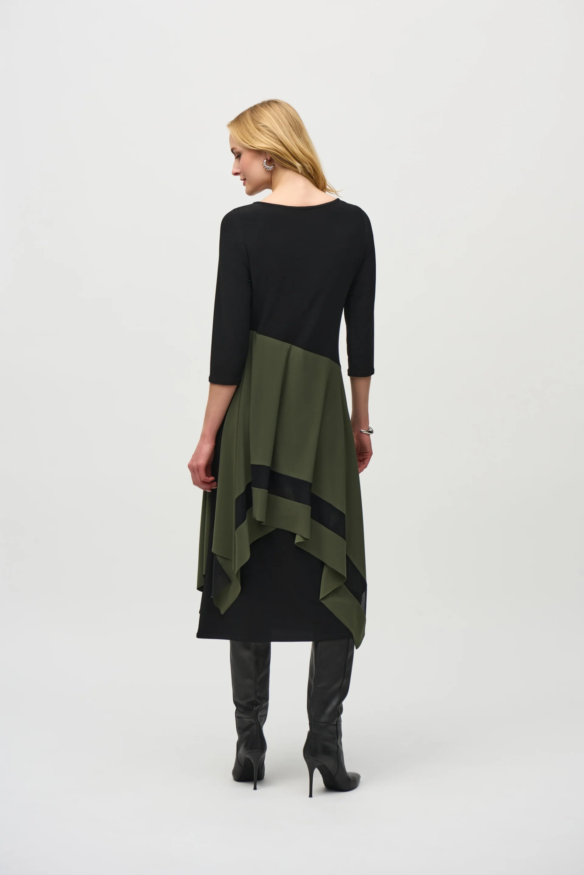 Joseph Ribkoff Black/Iguana Colour Block Handkerchief Dress Style 244186 - Image 3