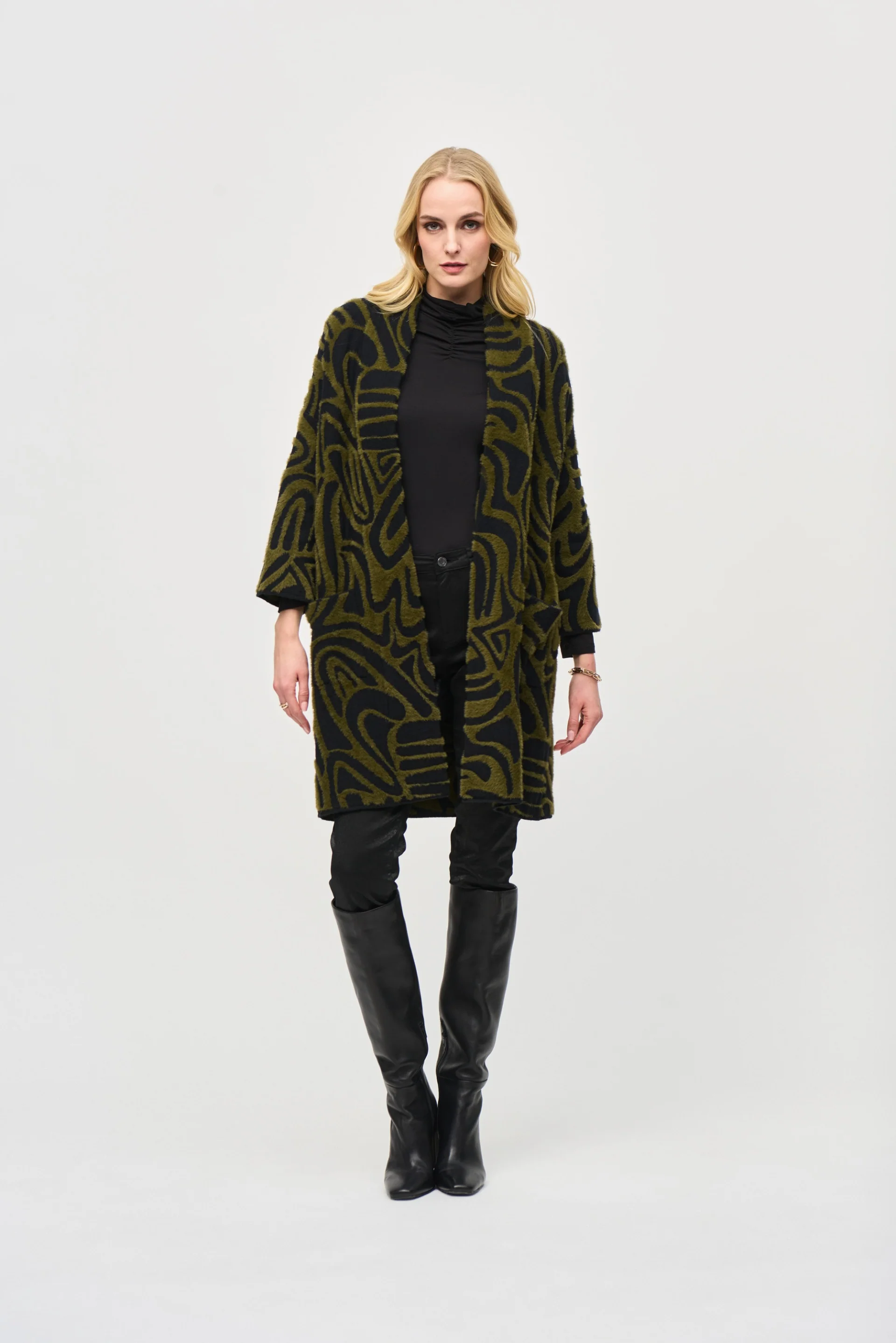 Joseph Ribkoff Black/Iguana Embossed Jacquard Knit Cover Up Style 243932 - Image 2