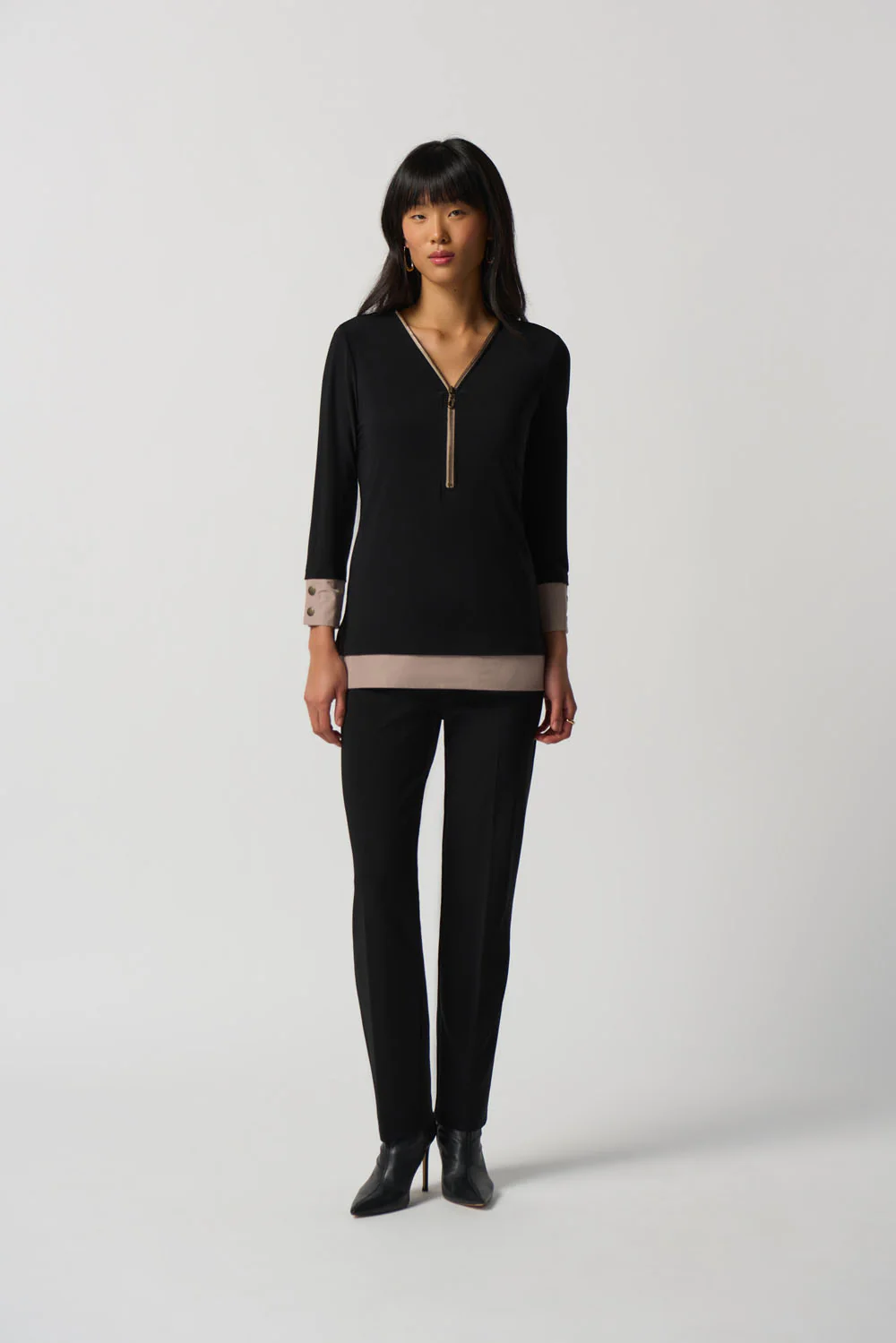 Joseph Ribkoff Black/Latte Zipped Neckline Top Style 233144 - Image 4