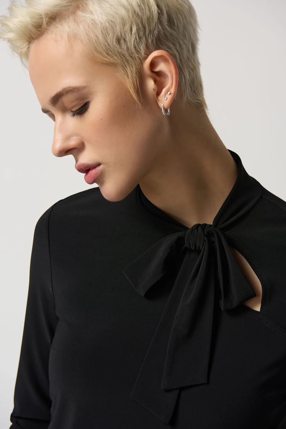 Joseph Ribkoff Black Long-Sleeve Bow Neck Top Style 233132 - Image 2