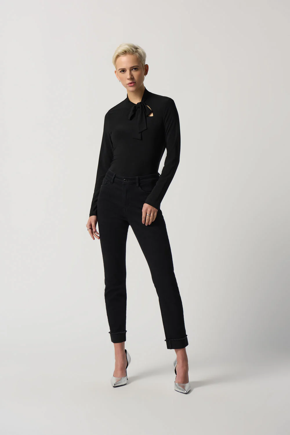 Joseph Ribkoff Black Long-Sleeve Bow Neck Top Style 233132 - Image 4