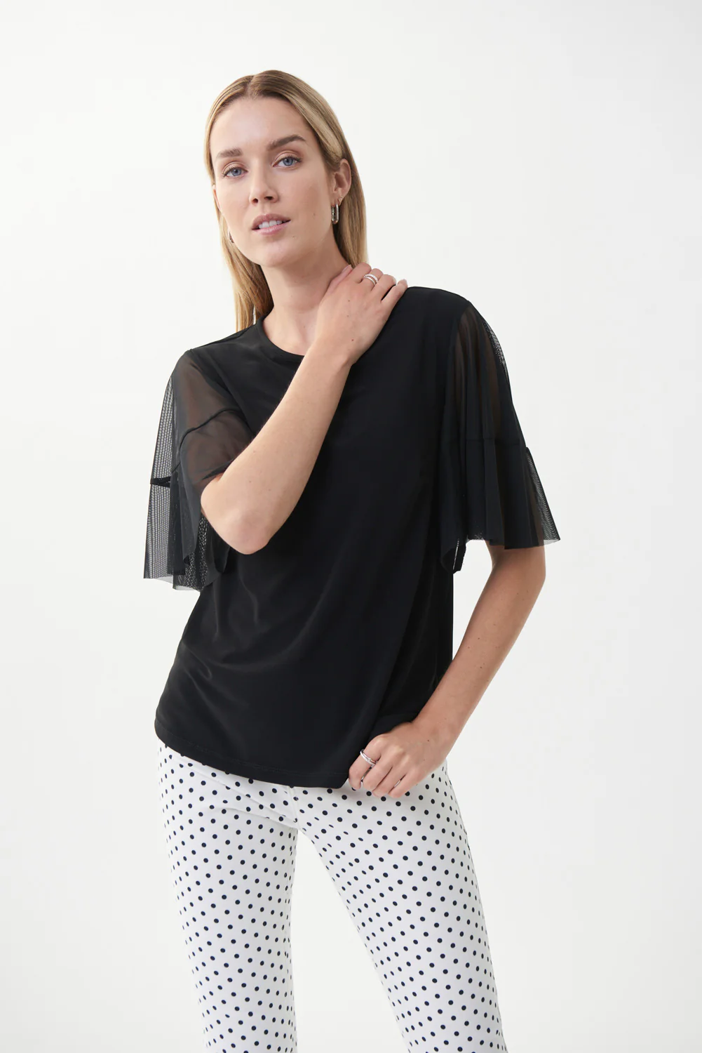 Joseph Ribkoff Black Mesh Sleeve Top 222137 - Image 2
