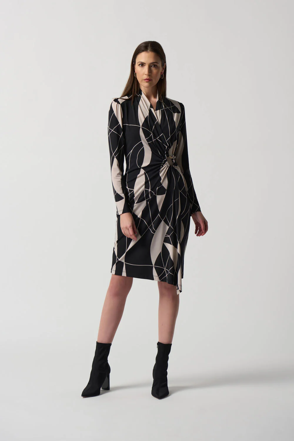 Joseph Ribkoff Black/Moonstone Abstract Print Wrap Dress Style 233104 - Image 4