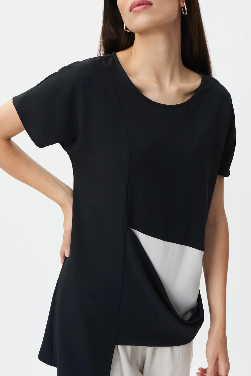 Joseph Ribkoff Black/Moonstone Asymmetrical Color-Blocked Top Style 232060 - Image 2