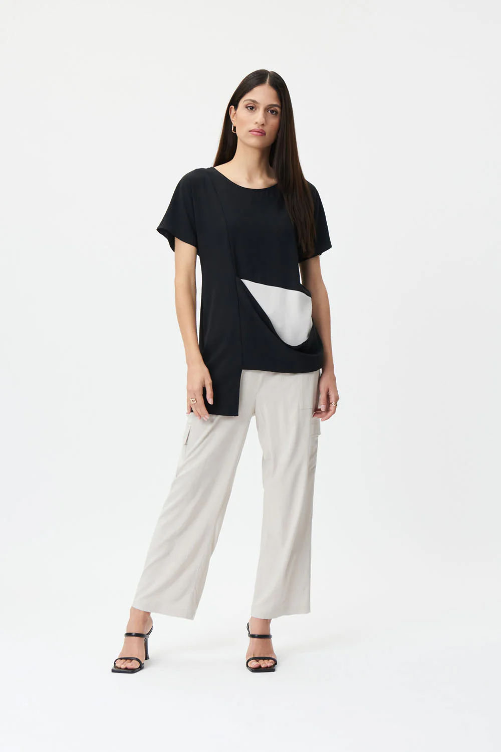 Joseph Ribkoff Black/Moonstone Asymmetrical Color-Blocked Top Style 232060 - Image 4