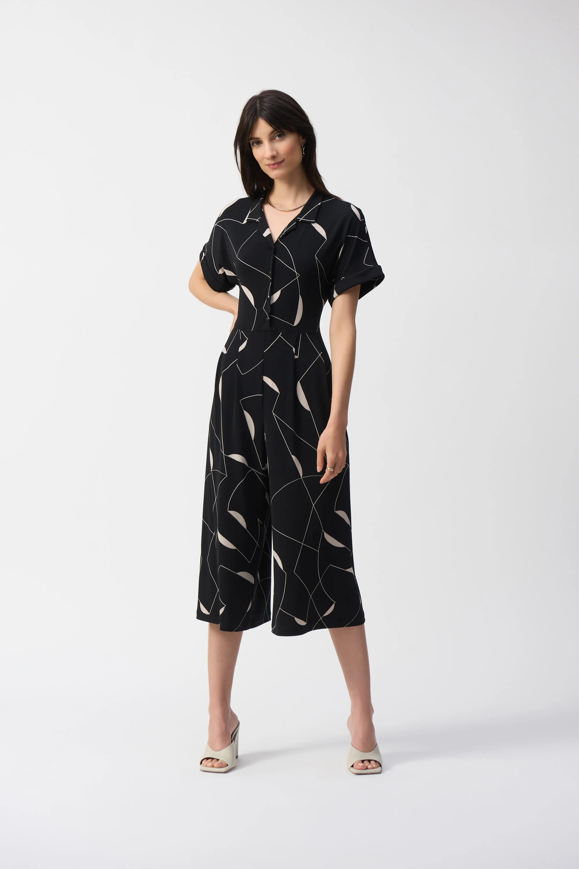 Joseph Ribkoff Black/Moonstone Geometric Print Culotte Jumpsuit Style 251195