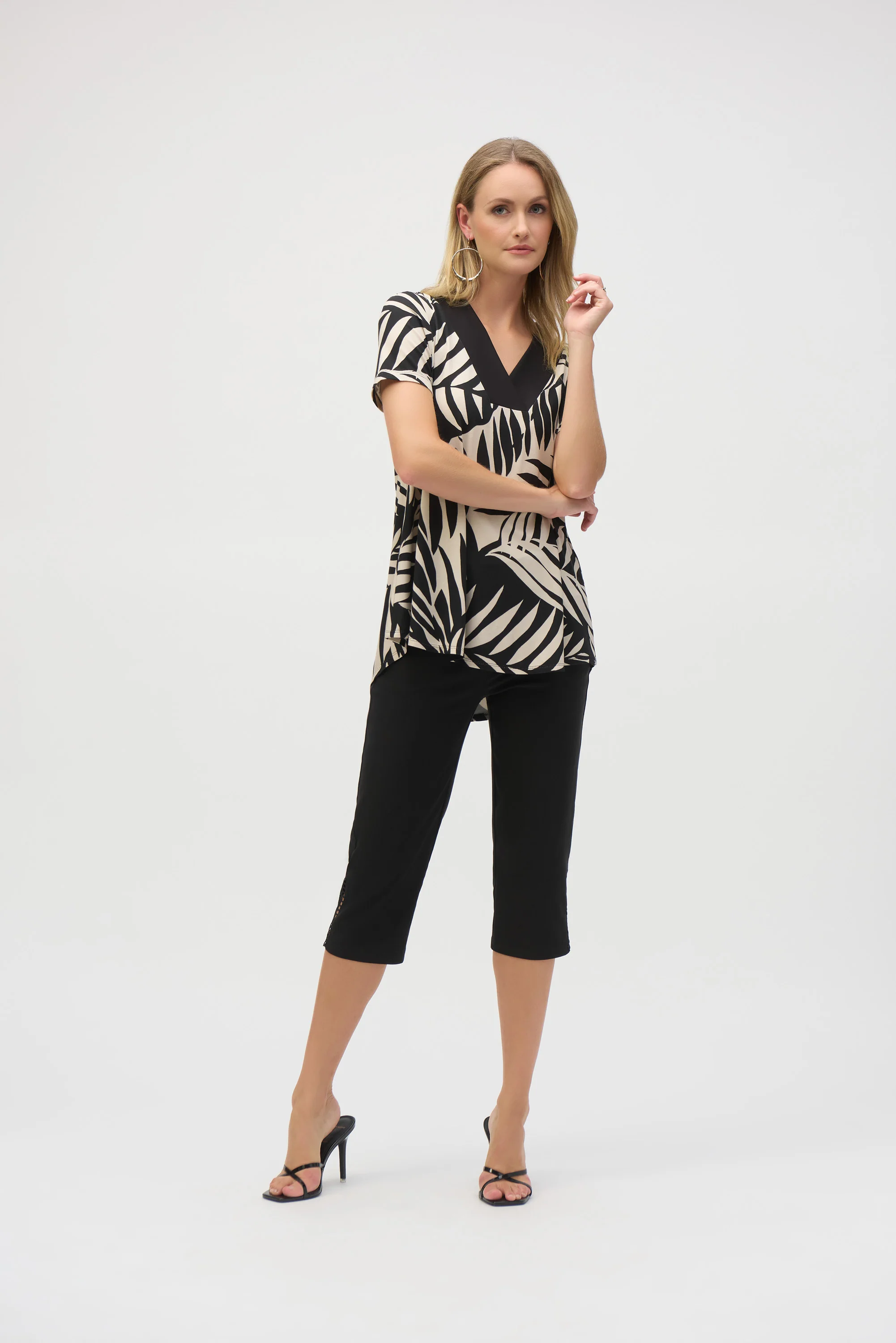 Joseph Ribkoff Black/Moonstone Jersey Knit Tropical Print Flared Top Style 252234