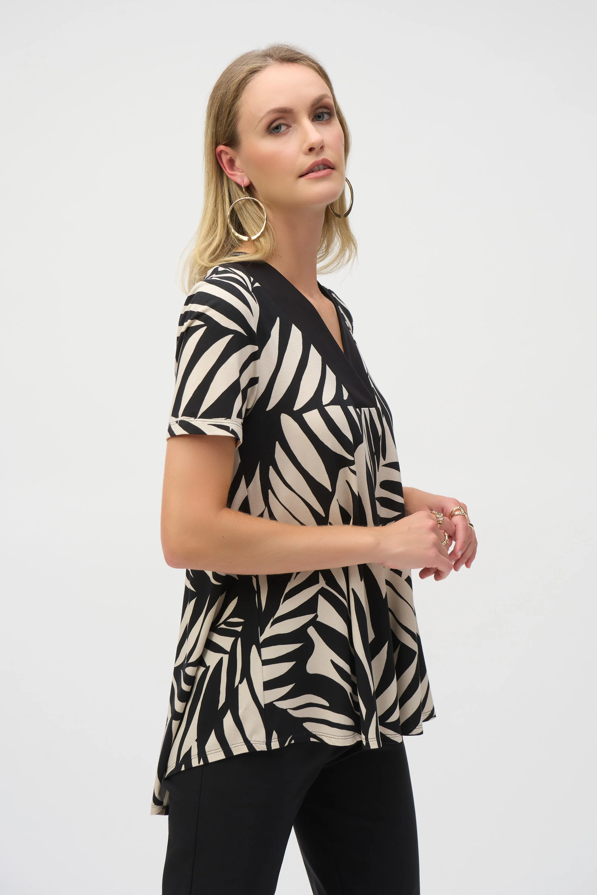 Joseph Ribkoff Black/Moonstone Jersey Knit Tropical Print Flared Top Style 252234 - Image 2