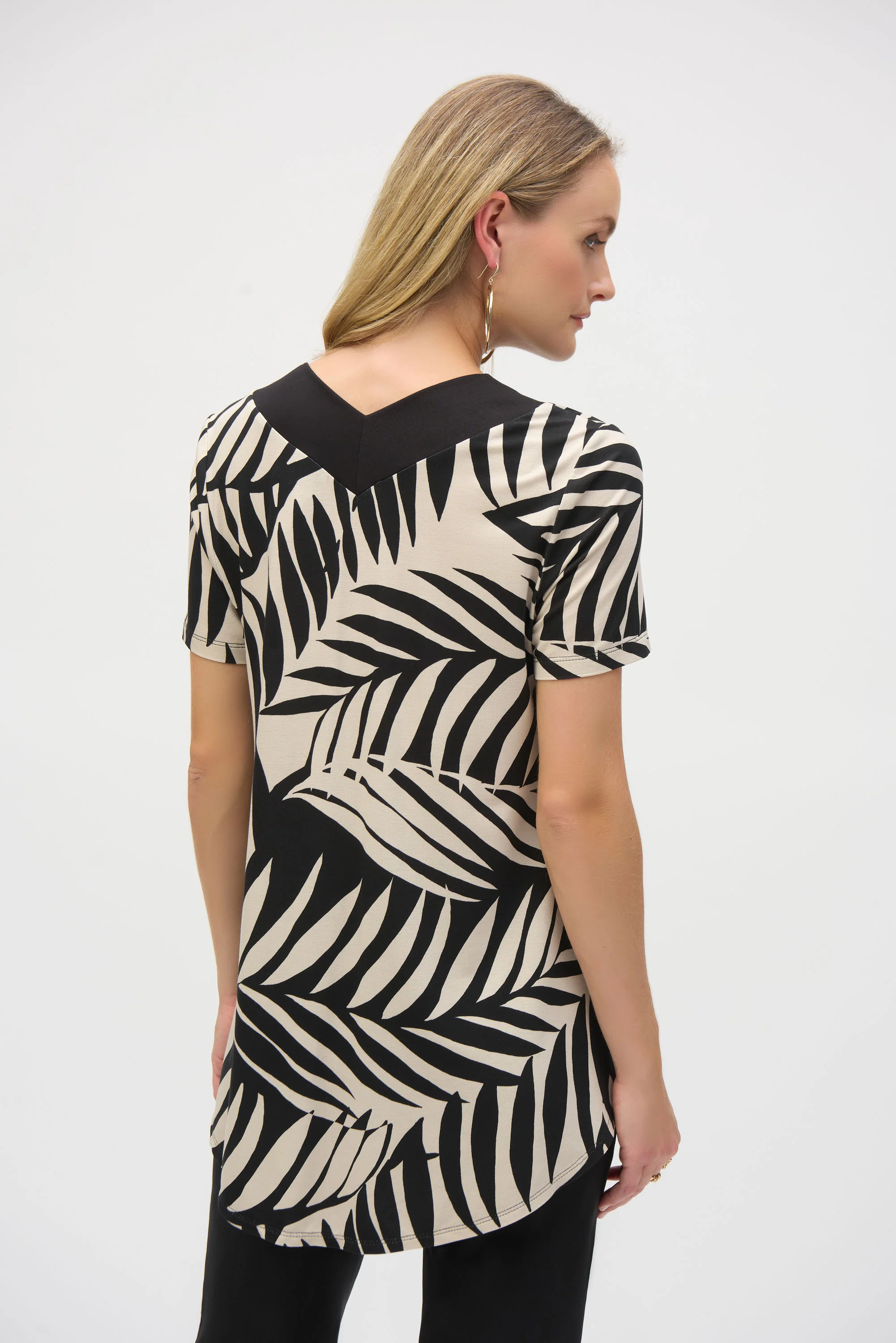 Joseph Ribkoff Black/Moonstone Jersey Knit Tropical Print Flared Top Style 252234 - Image 3