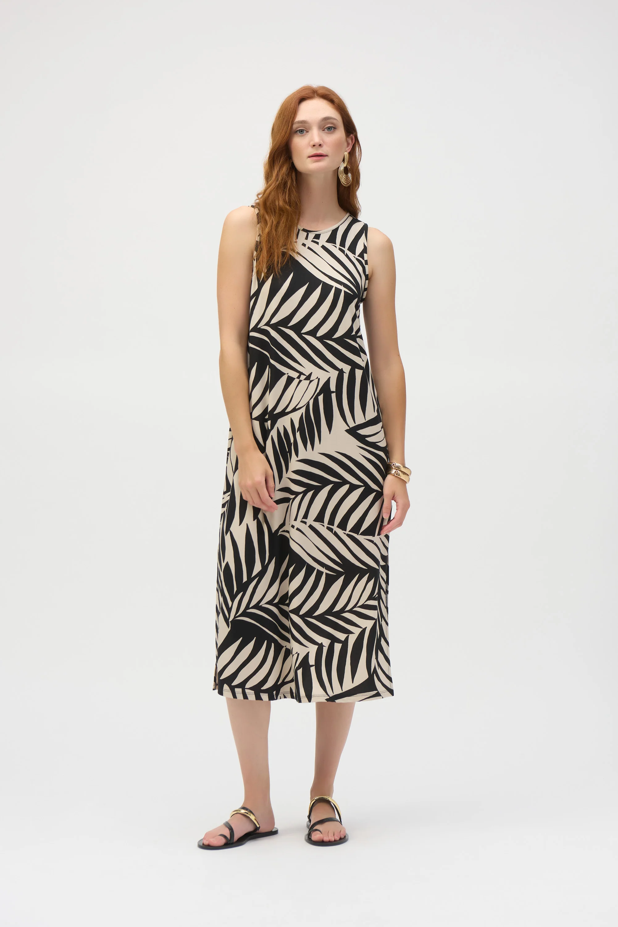 Joseph Ribkoff Black/Moonstone Jersey Tropical Print A-Line Dress Style 252031