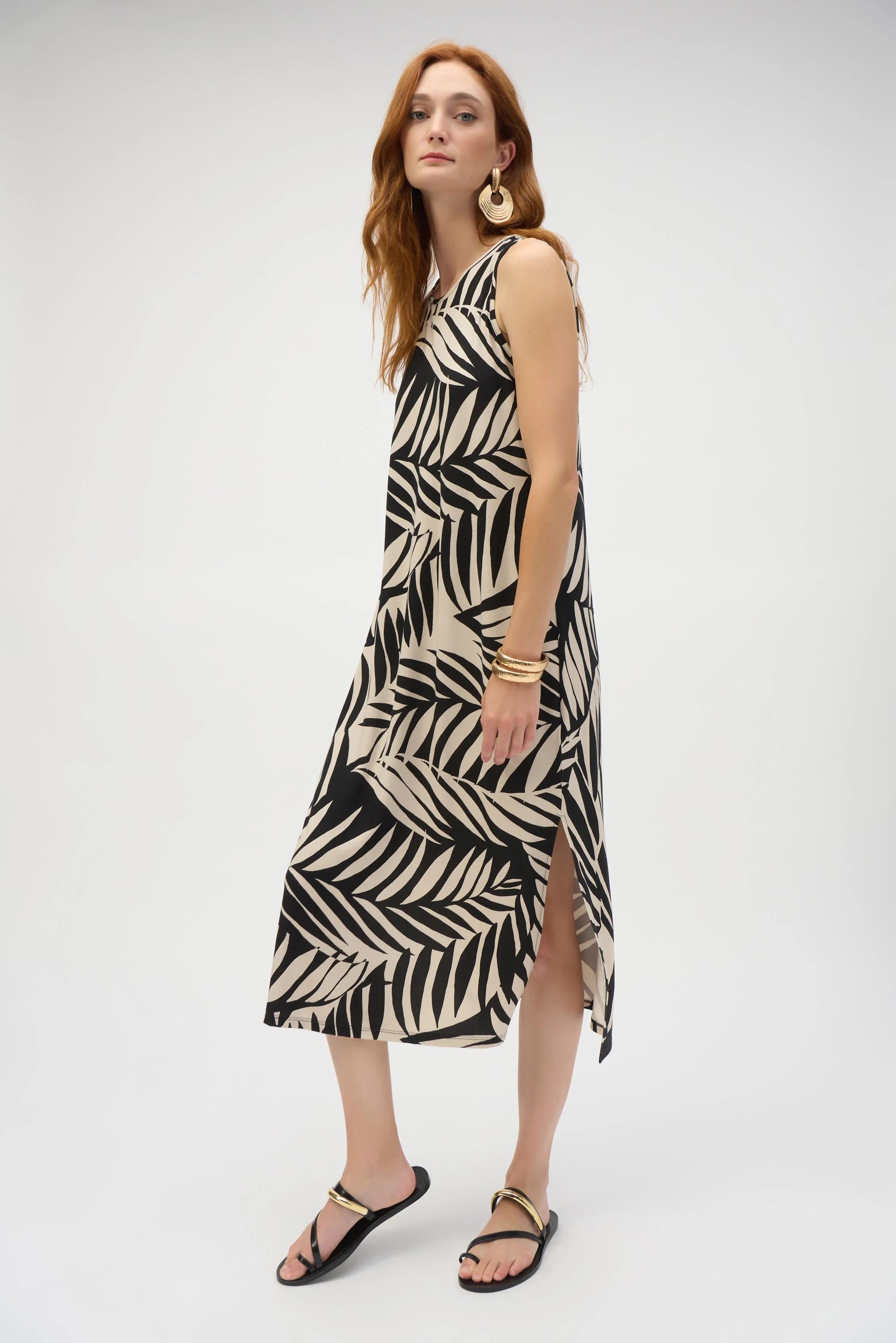 Joseph Ribkoff Black/Moonstone Jersey Tropical Print A-Line Dress Style 252031 - Image 2