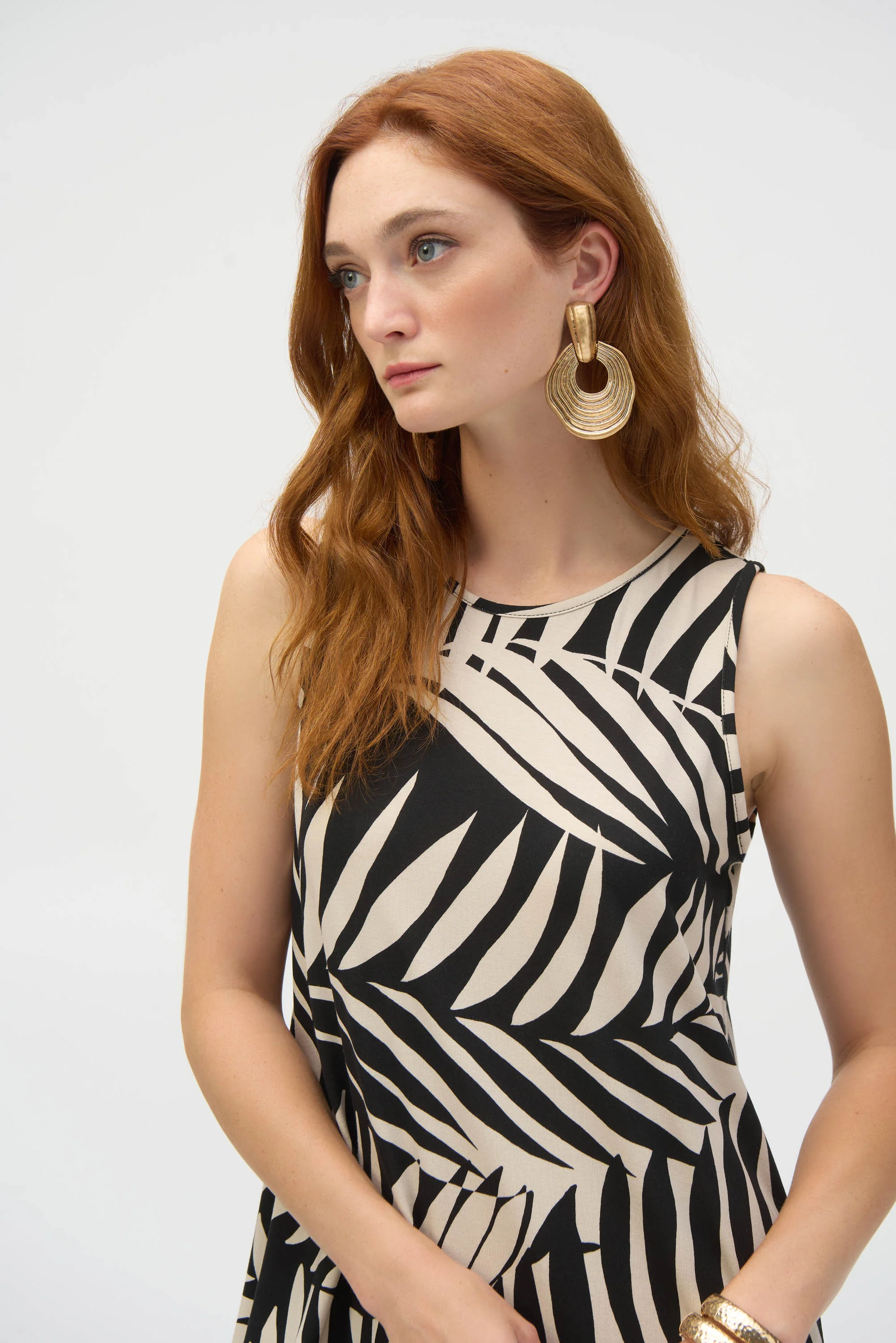Joseph Ribkoff Black/Moonstone Jersey Tropical Print A-Line Dress Style 252031 - Image 3