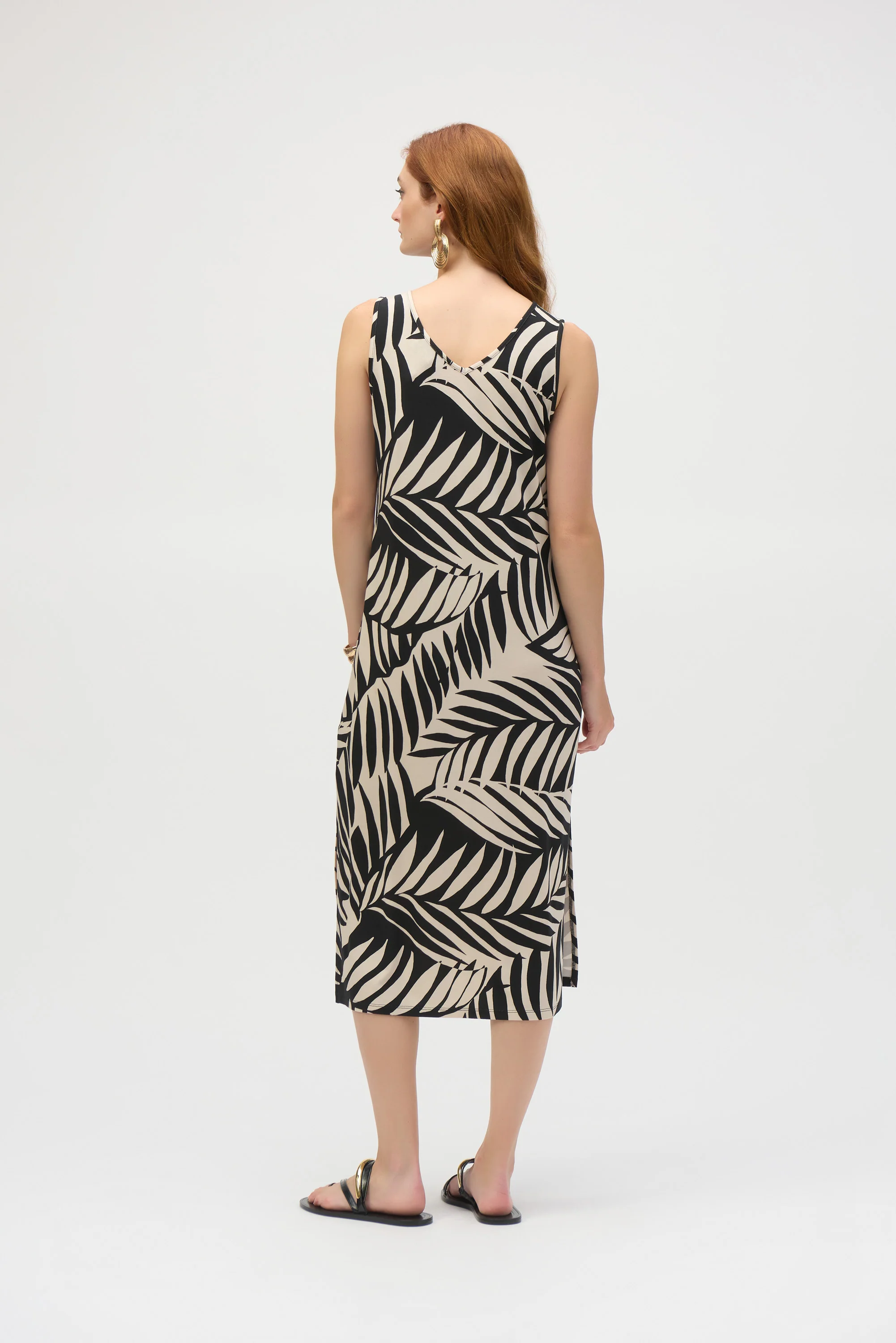 Joseph Ribkoff Black/Moonstone Jersey Tropical Print A-Line Dress Style 252031 - Image 4