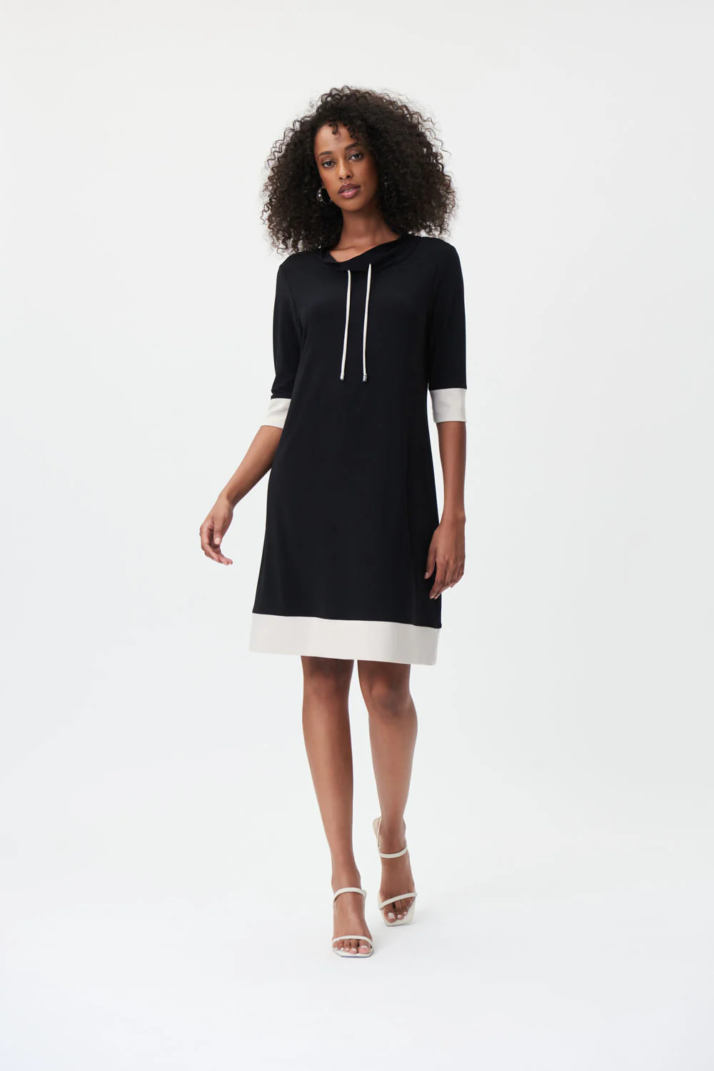 Joseph Ribkoff Black/Moonstone Silky Knit Dress With Drawstrings Style 232093