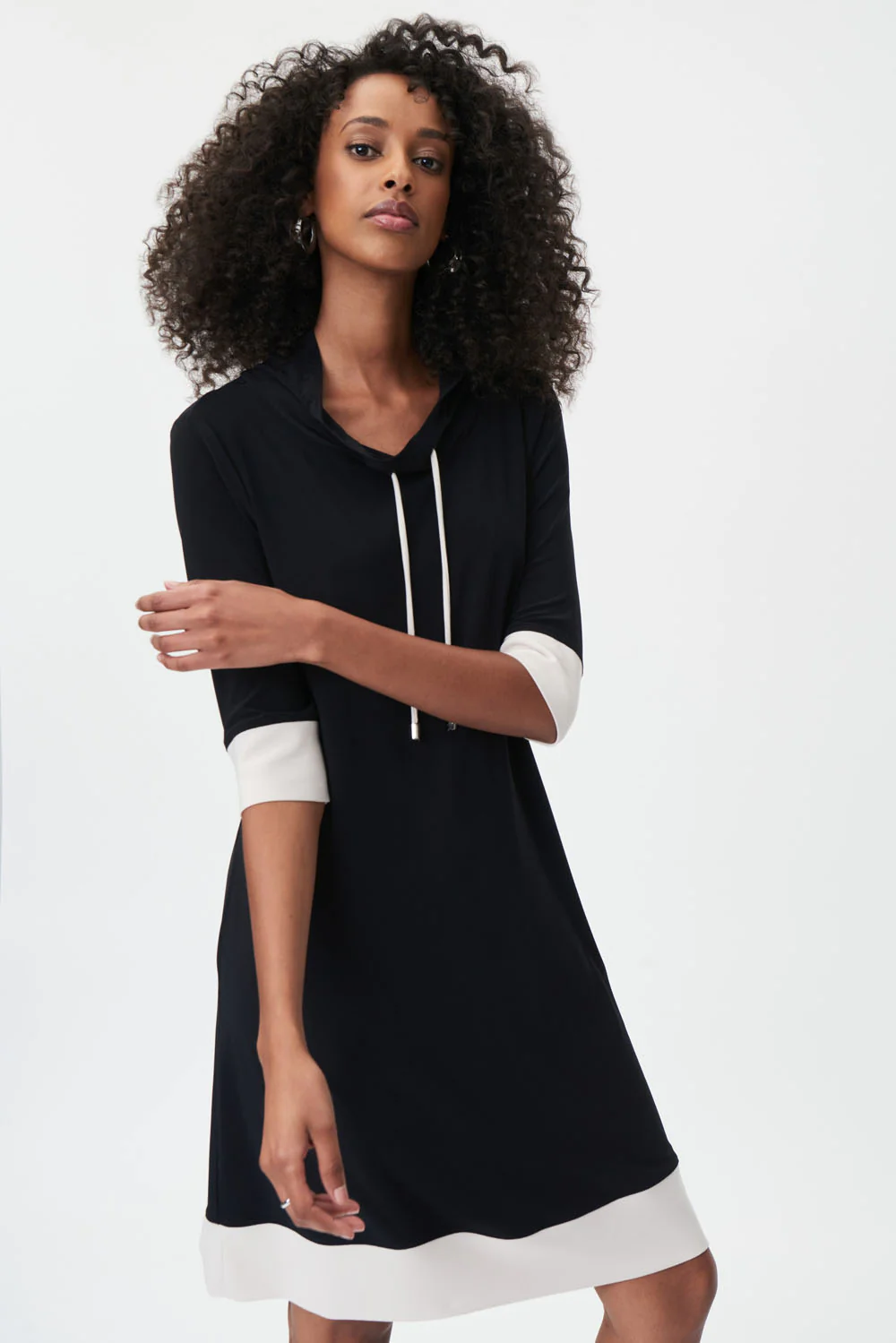 Joseph Ribkoff Black/Moonstone Silky Knit Dress With Drawstrings Style 232093 - Image 2