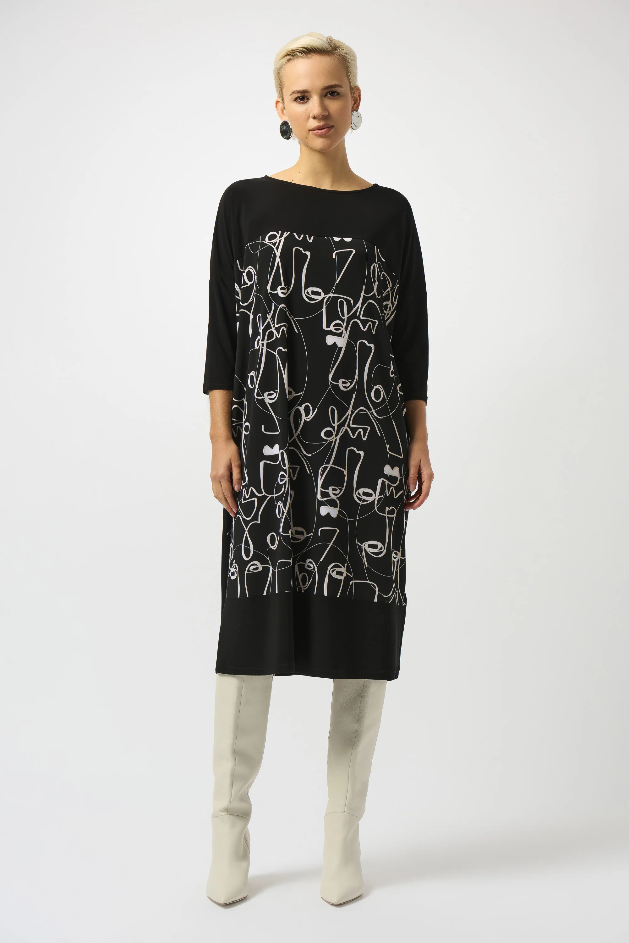 Joseph Ribkoff Black/Moonstone Face Print Cocoon Dress Style 253130