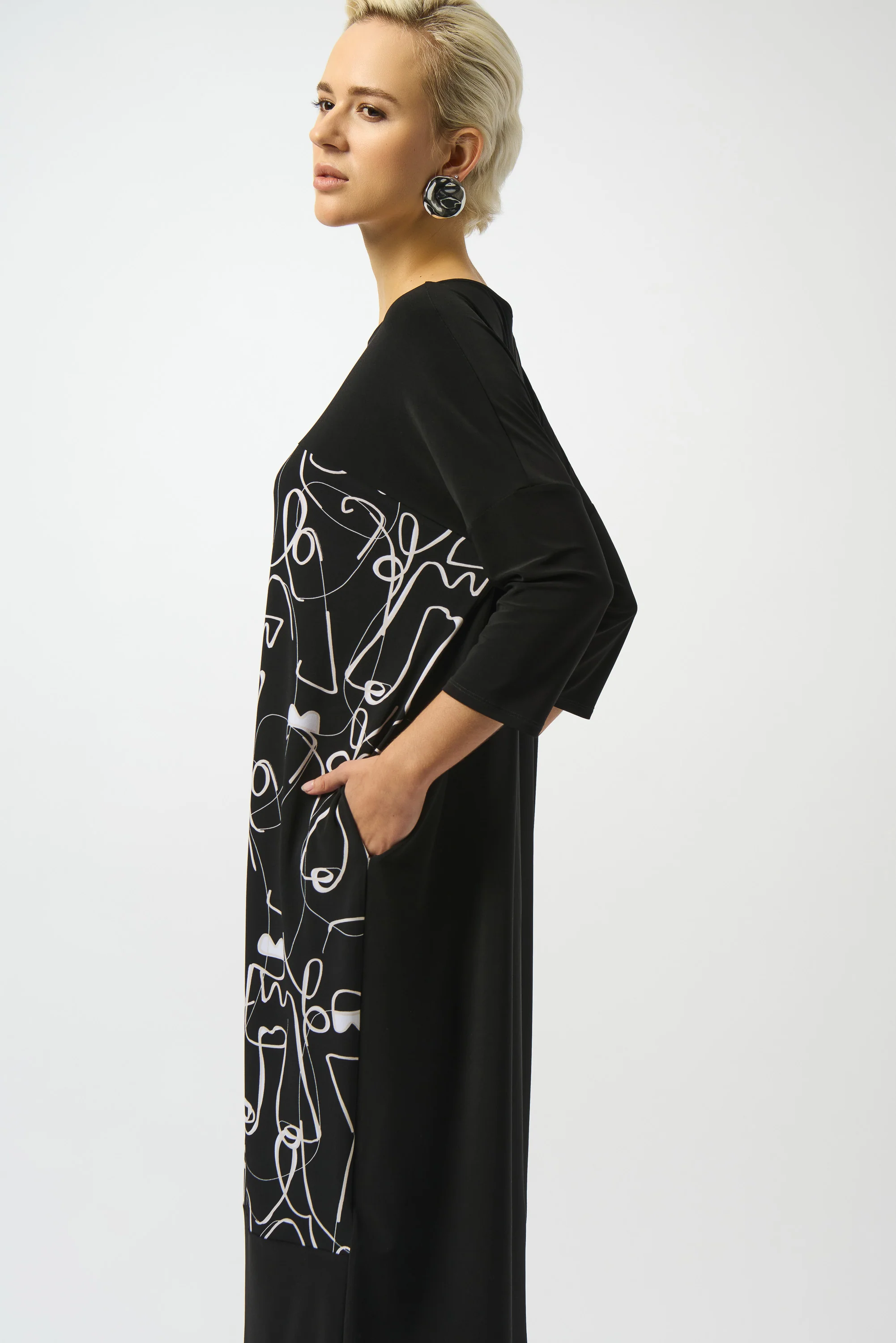 Joseph Ribkoff Black/Moonstone Face Print Cocoon Dress Style 253130 - Image 2