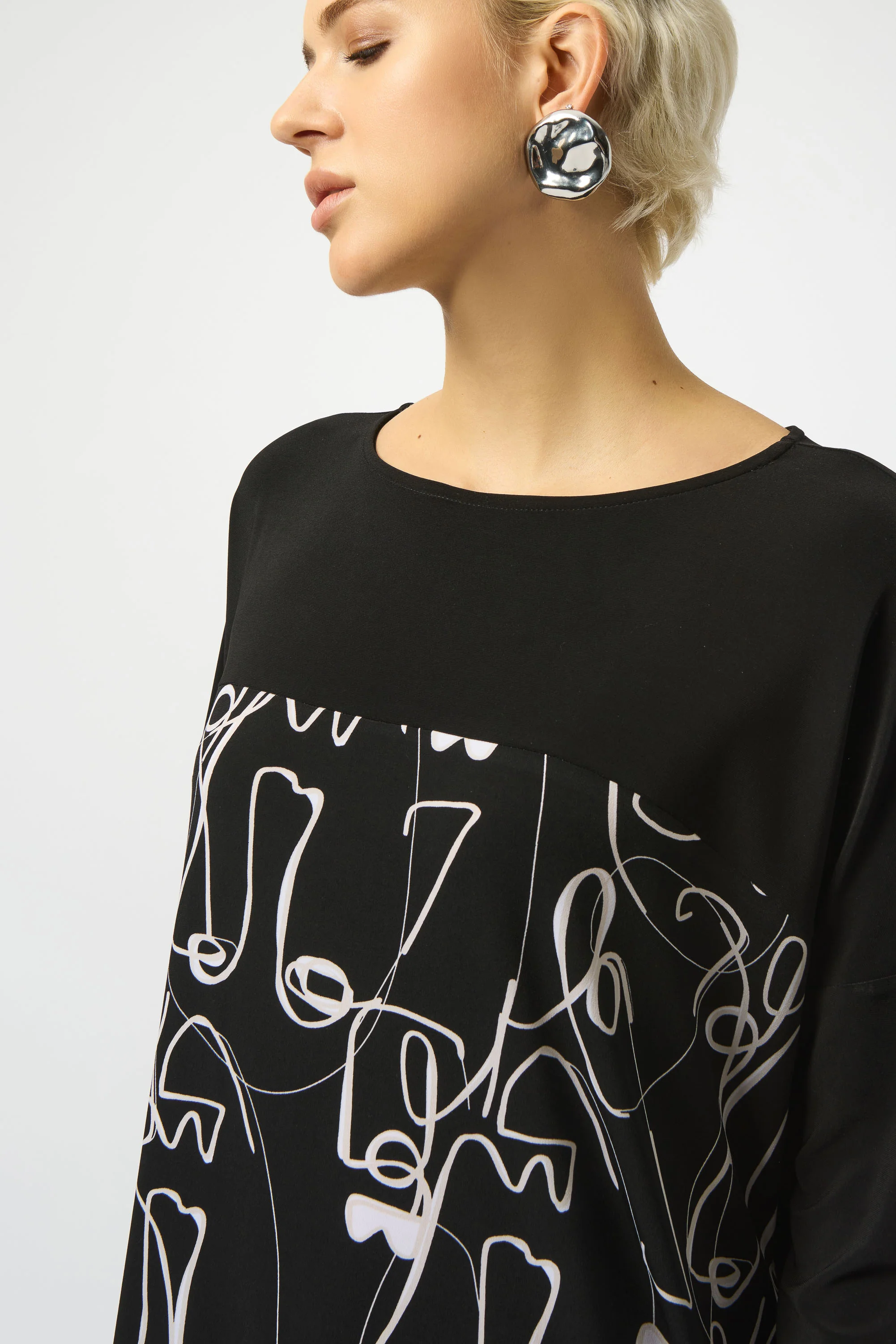 Joseph Ribkoff Black/Moonstone Face Print Cocoon Dress Style 253130 - Image 3