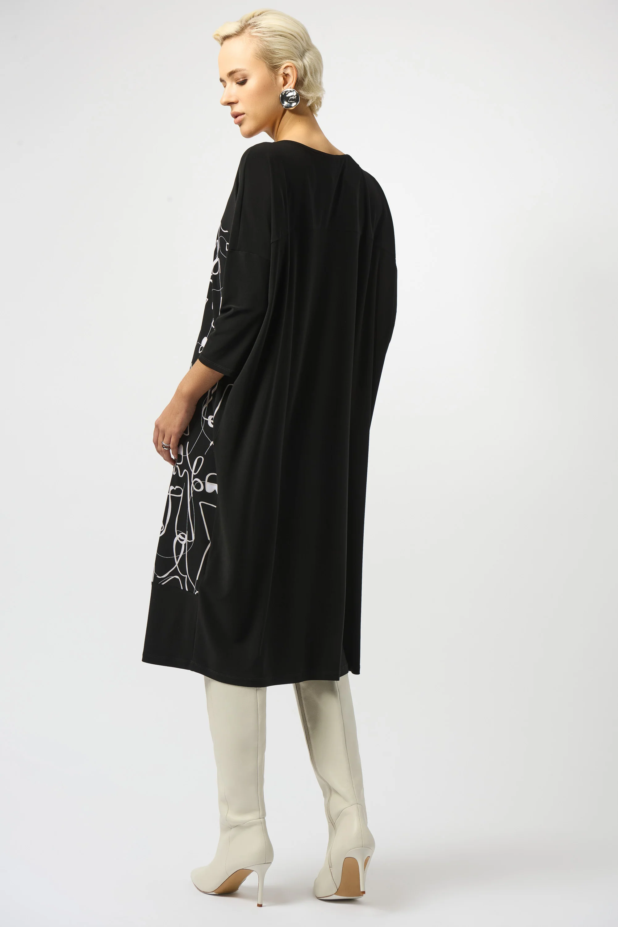 Joseph Ribkoff Black/Moonstone Face Print Cocoon Dress Style 253130 - Image 4