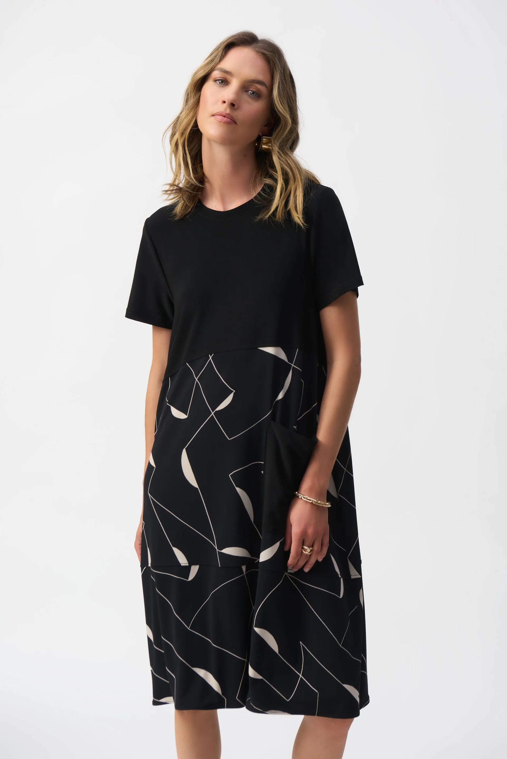 Joseph Ribkoff Black/Moonstone Silky Knit Geometric Print Trapeze Dress Style 251271 - Image 2