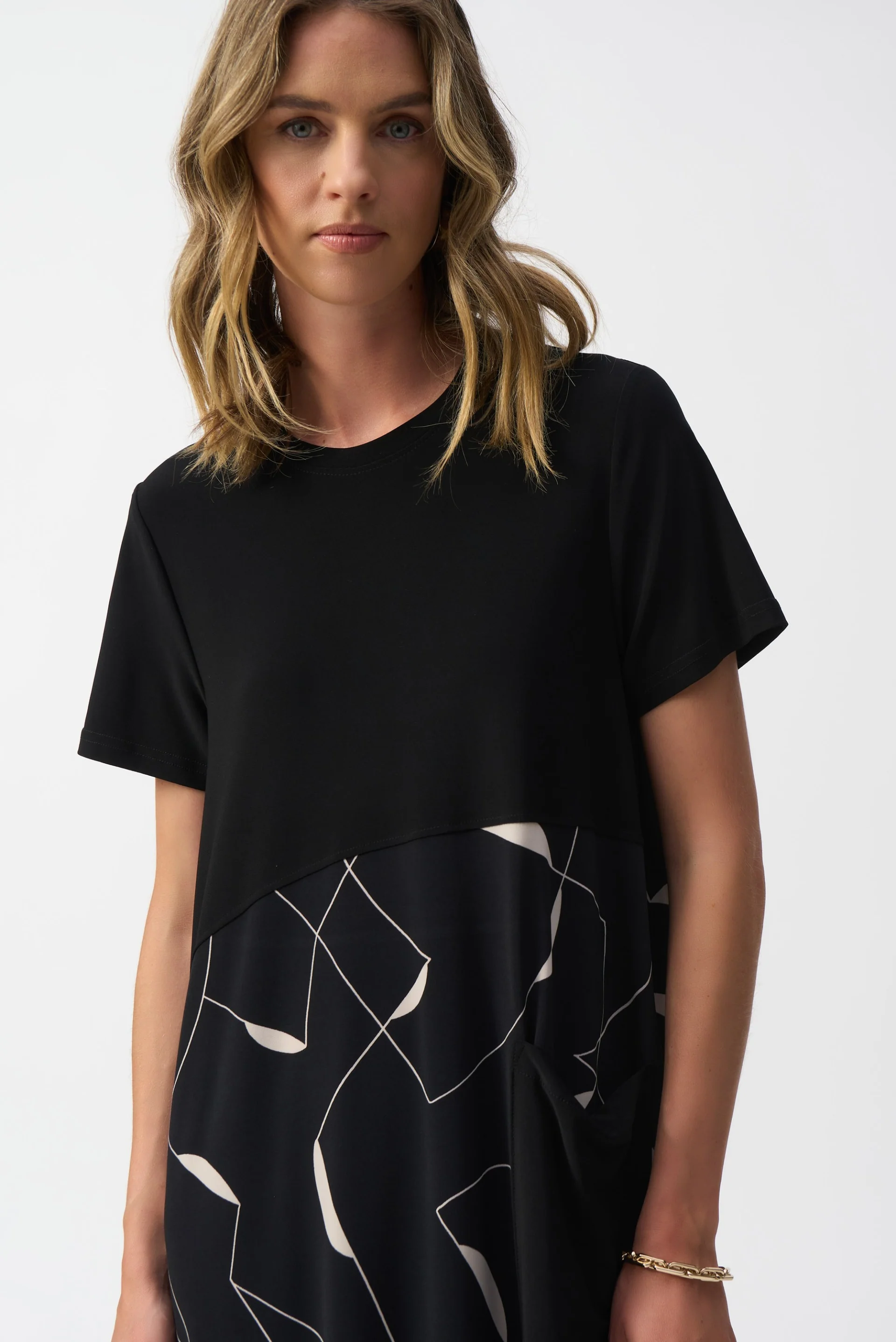 Joseph Ribkoff Black/Moonstone Silky Knit Geometric Print Trapeze Dress Style 251271 - Image 3