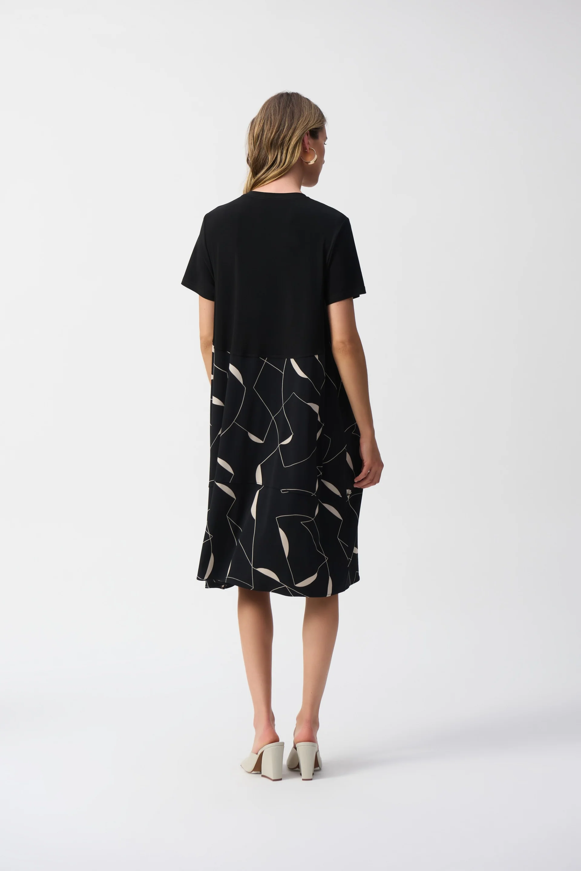 Joseph Ribkoff Black/Moonstone Silky Knit Geometric Print Trapeze Dress Style 251271 - Image 4